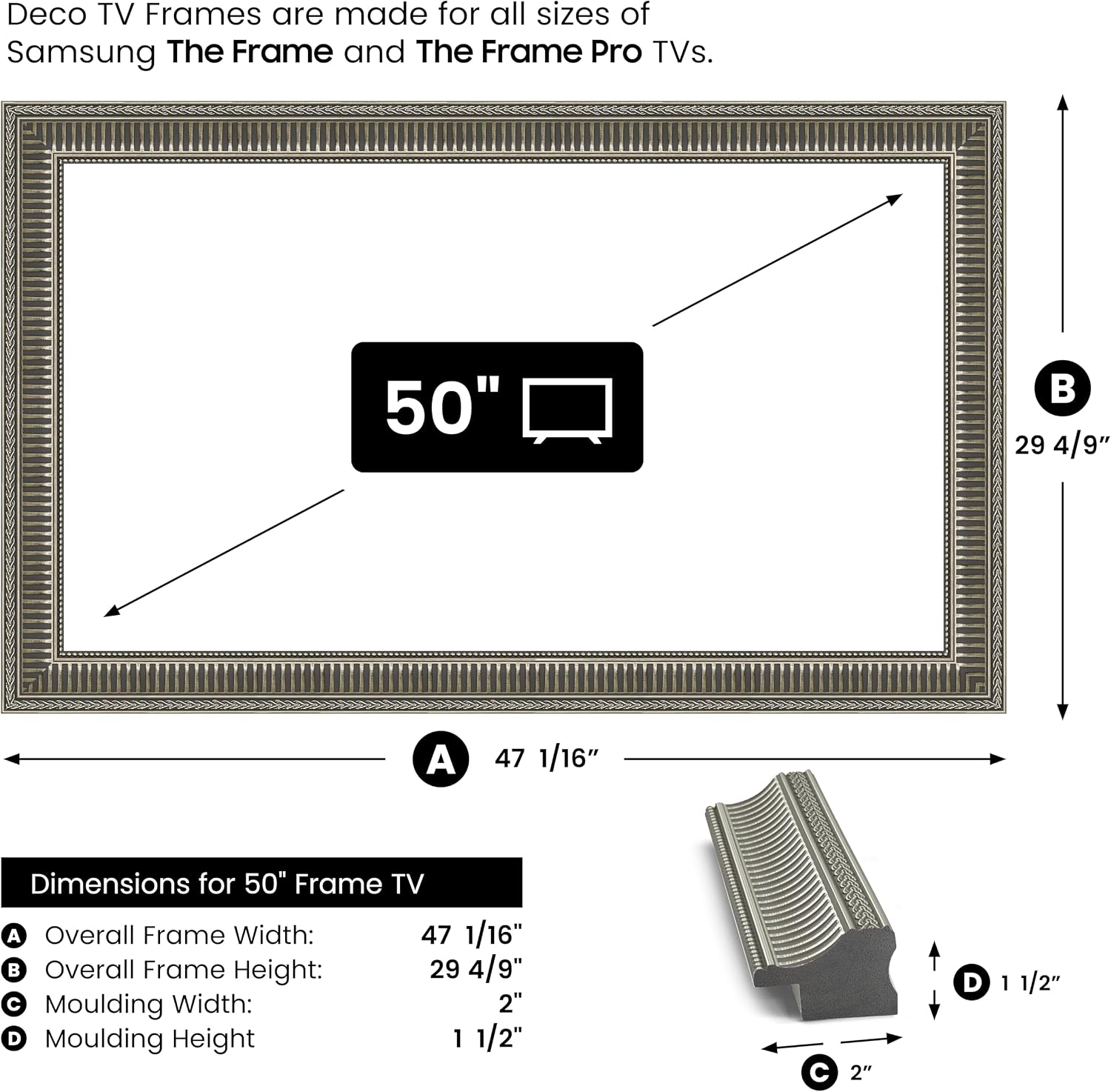 Empire Silver 50' Slim Deco TV Frame - Compatible ONLY with Samsung The Frame TVs (Fits 2021-2026, LS03A, LS03B, LS03C, LS03D, LS03FA)