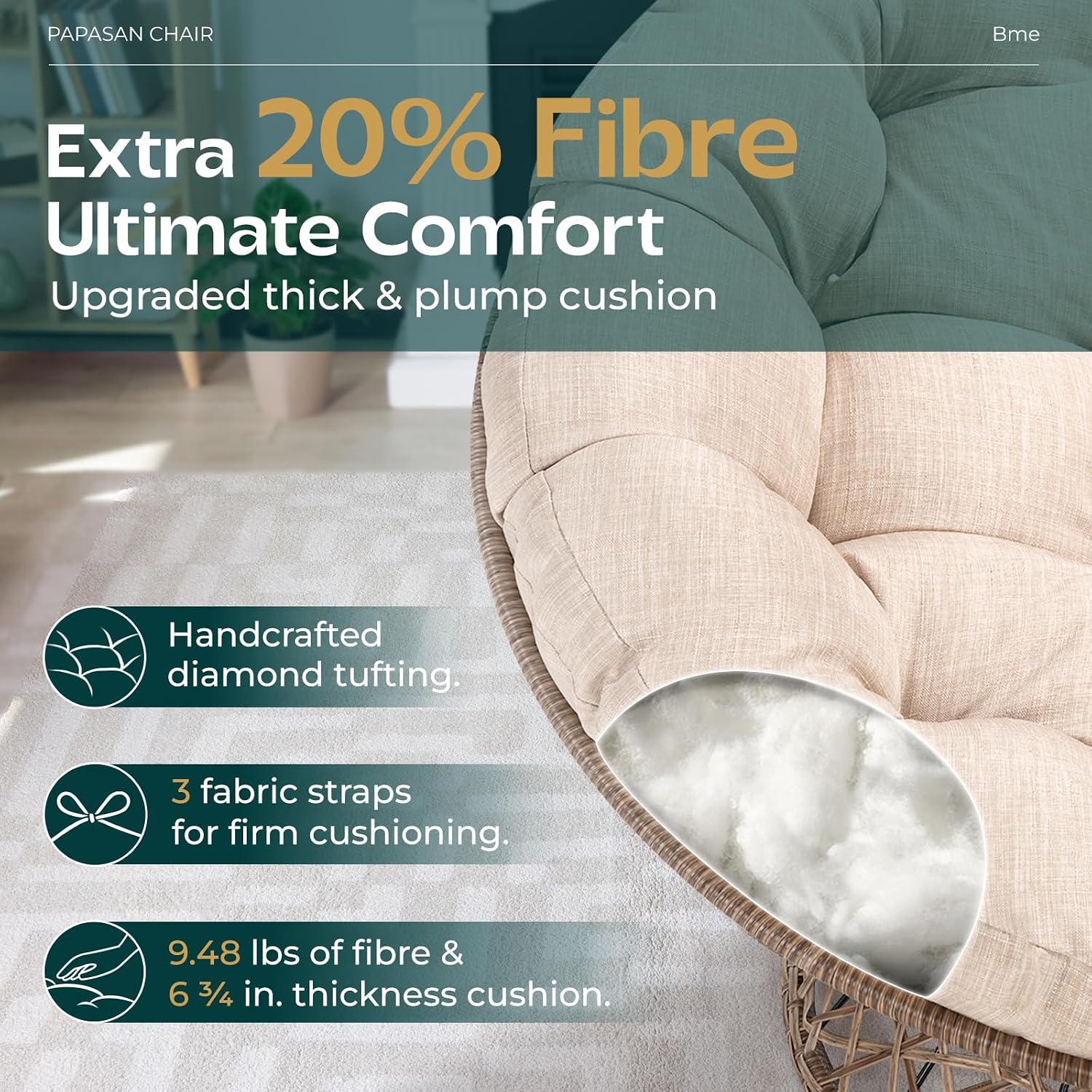 Bme 46' Large Size Ergonomic Wicker Papasan Chair with Soft Thick Density Fabric Cushion, Bee-Designed Base, High Capacity Steel Frame, 360 Degree Swivel for Living, Bedroom,...