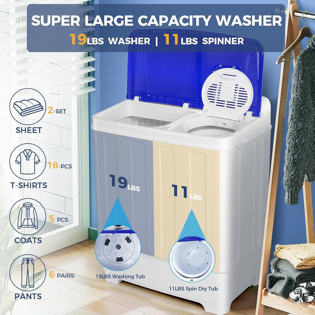 Nictemaw Portable Washing Machine, 30Lbs Portable Washer Machine, Twin Tub Compact Laundry Machine with Drain Pump, Semi-Automatic 19Lbs Washer and 11Lbs Spinner Combo for Apartments, Dorms, RVs