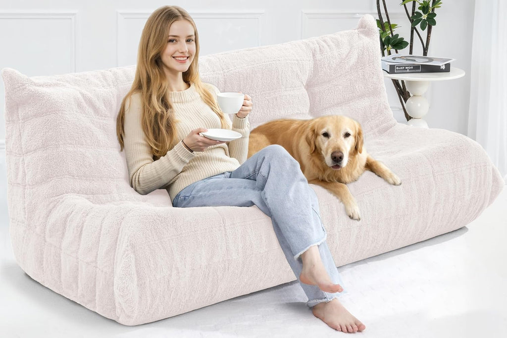 Bean Bag 3-Seater Chair Big Sofa Beanbag Chair for Adults Fireside Chair Bean Bag Lounger with Memory Foam Filled for Home,Apartment or Gaming Venue（Beige Teddy）