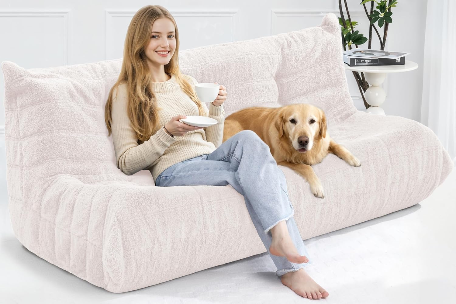 Bean Bag 3-Seater Chair Big Sofa Beanbag Chair for Adults Fireside Chair Bean Bag Lounger with Memory Foam Filled for Home,Apartment or Gaming Venue（Beige Teddy）