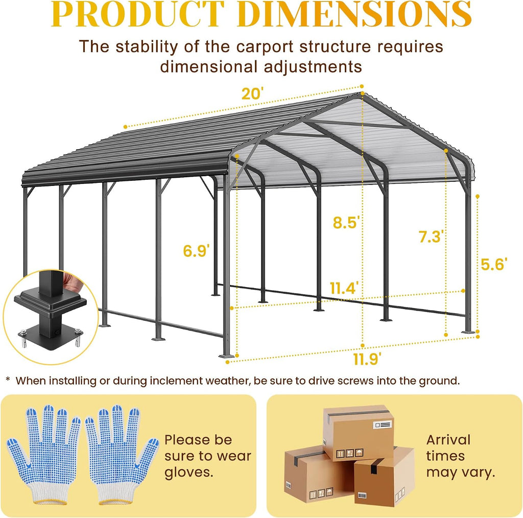 12x20FT Metal Carport, Heavy Duty Carport Canopy with Reinforced Frame and Base for All-Weather, Outdoor Garage Car Port for Pickup Trucks, Boats, Tractors or Party