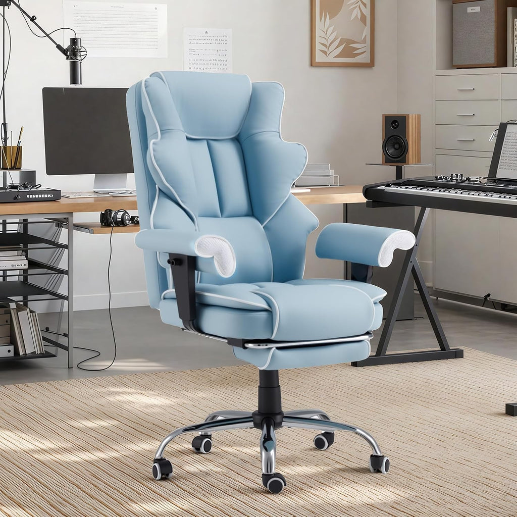 HOMREST Ergonomic Executive Office Chair with 6-Point Vibration & Heat - Reclining Managerial Chair with Adjustable Footrest and Armrests,Big and Tall Leather Home Office Desk Chairs(Airy Blue)