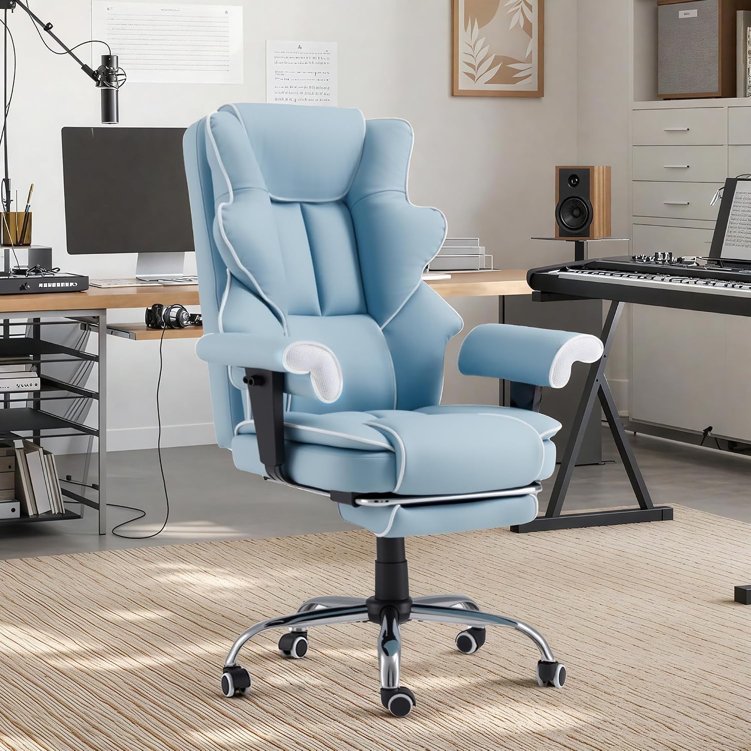 HOMREST Ergonomic Executive Office Chair with 6-Point Vibration & Heat - Reclining Managerial Chair with Adjustable Footrest and Armrests,Big and Tall Leather Home Office Desk Chairs(Airy Blue)