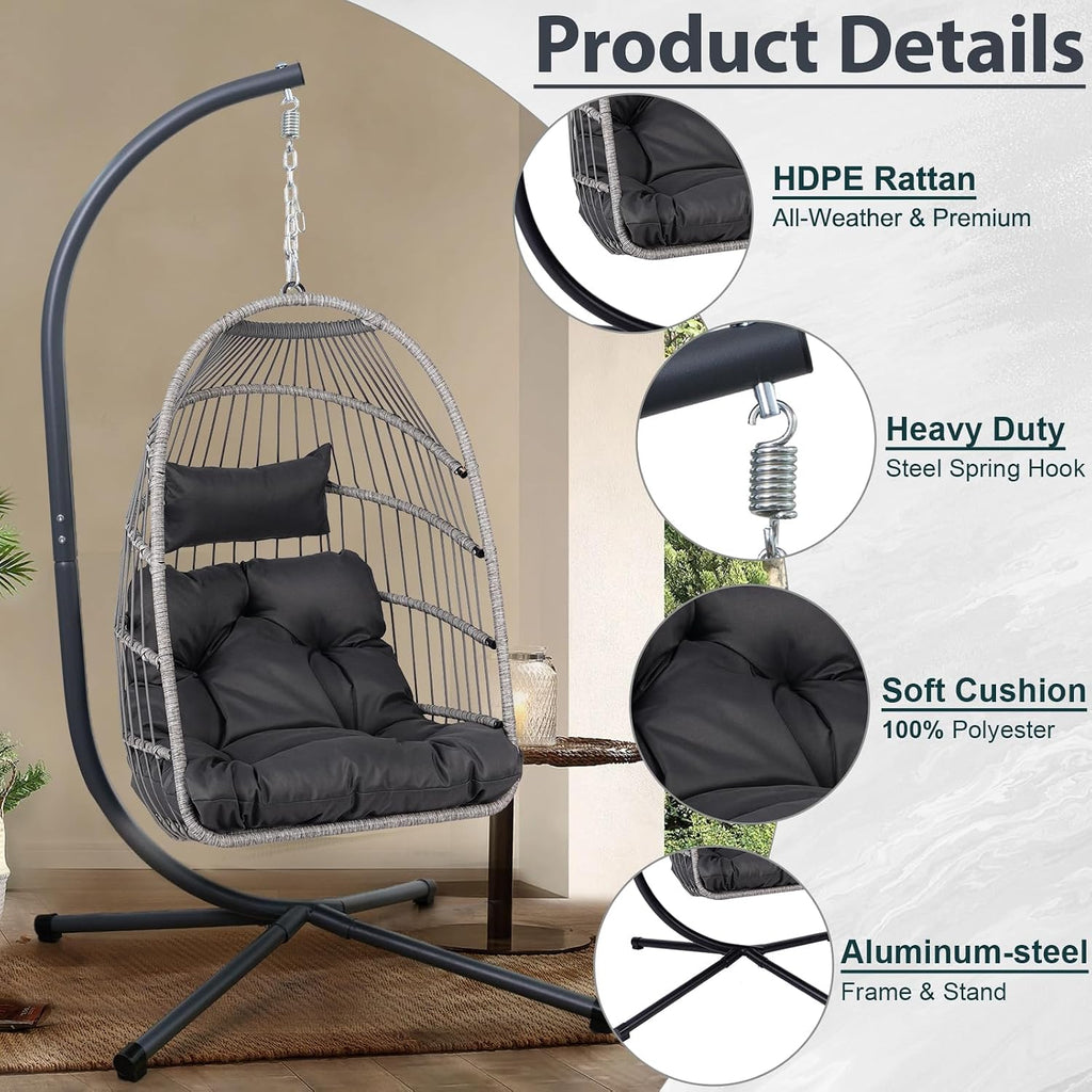KEIKI Egg Chair - Foldable Rattan Hanging Chair with Stand & Cushion, 350LBS Capacity, Indoor Outdoor Basket Chair for Patio, Garden, Bedroom, Balcony - Black and Gray Wicker Hammock Swing Chair