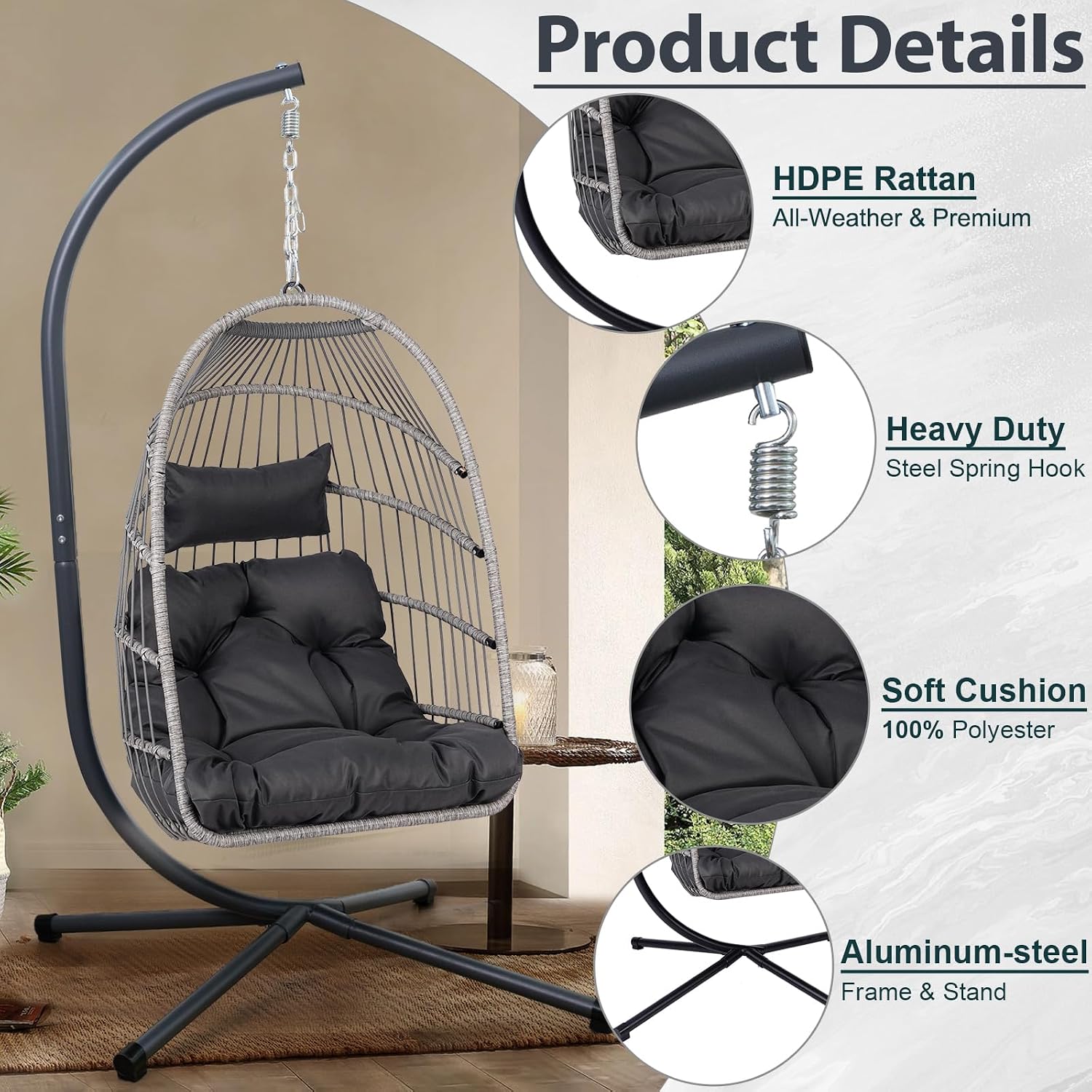 Wicker Egg Chair with Stand, Indoor Outdoor Hammock Chair for Bedroom, Living Room, Balcony, Includes Cushion & Durable Steel Frame,350LBS Capacity (Black)