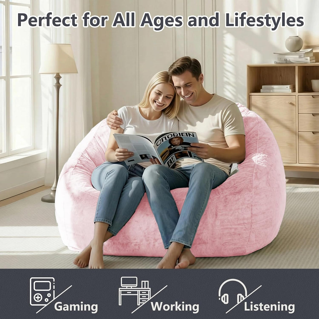 Bean Bag Chairs for Adults, Giant Beanbag Sofa Comfy Reading Chair, Oversized Bean Bag Chairs for Living Room Bedroom, Soft Faux Fur Fabric, 3.2FT, Pink, Plush