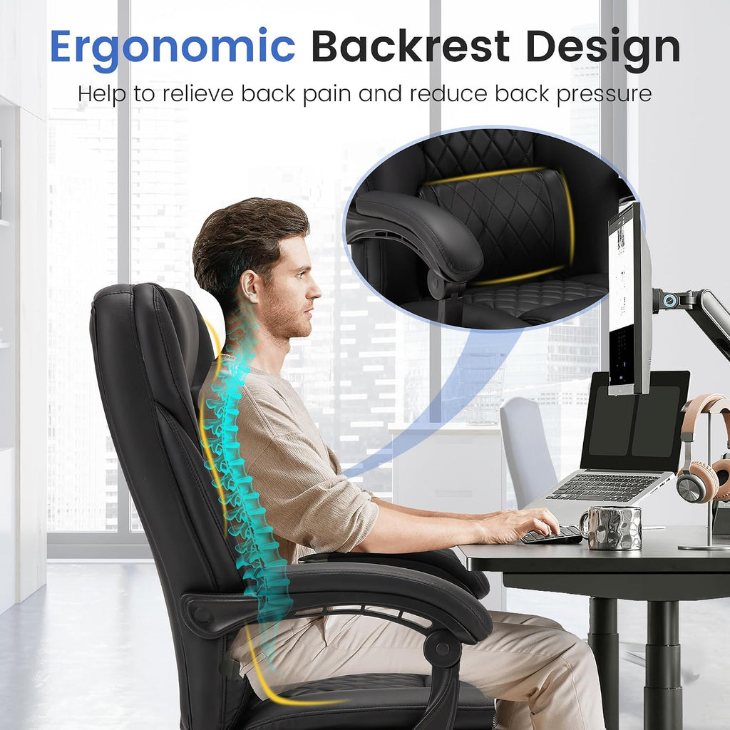 HOMREST 6-Point Massage Office Chair with Heat, 500lbs Big and Tall Executive Chair, Ergonomic Reclining Desk Chair with Footrest & Lumbar Support, Adjustable Armrest, PU Leather (Black)