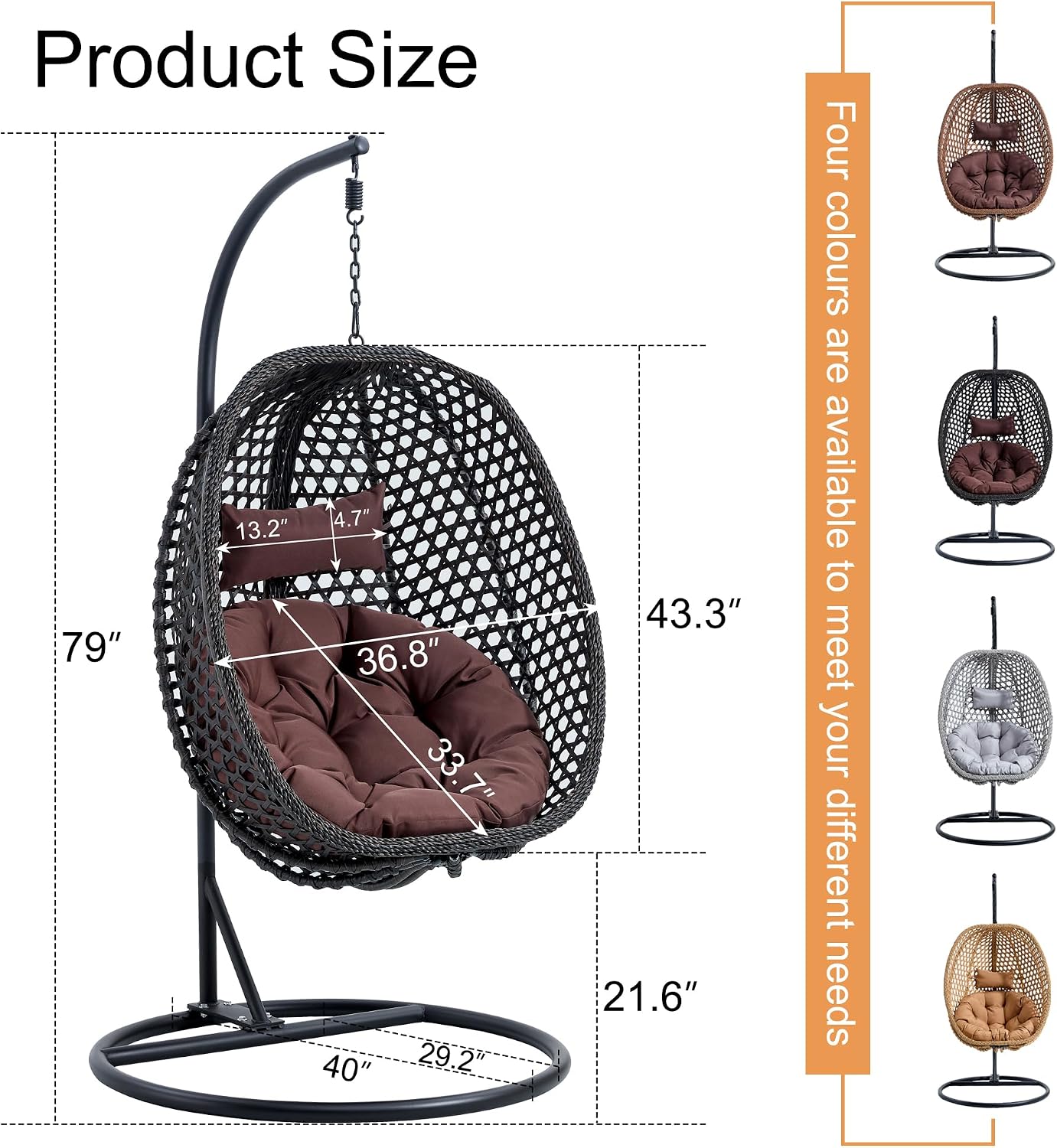 Swining Egg Chair with Stand,Wicker Rattan Hanging Egg Chairs, Patio Swing with UV Resistant Cushion, Outdoor Indoor Hanging with Foldable Basket Metal Stand for Bedroom (Black-S)