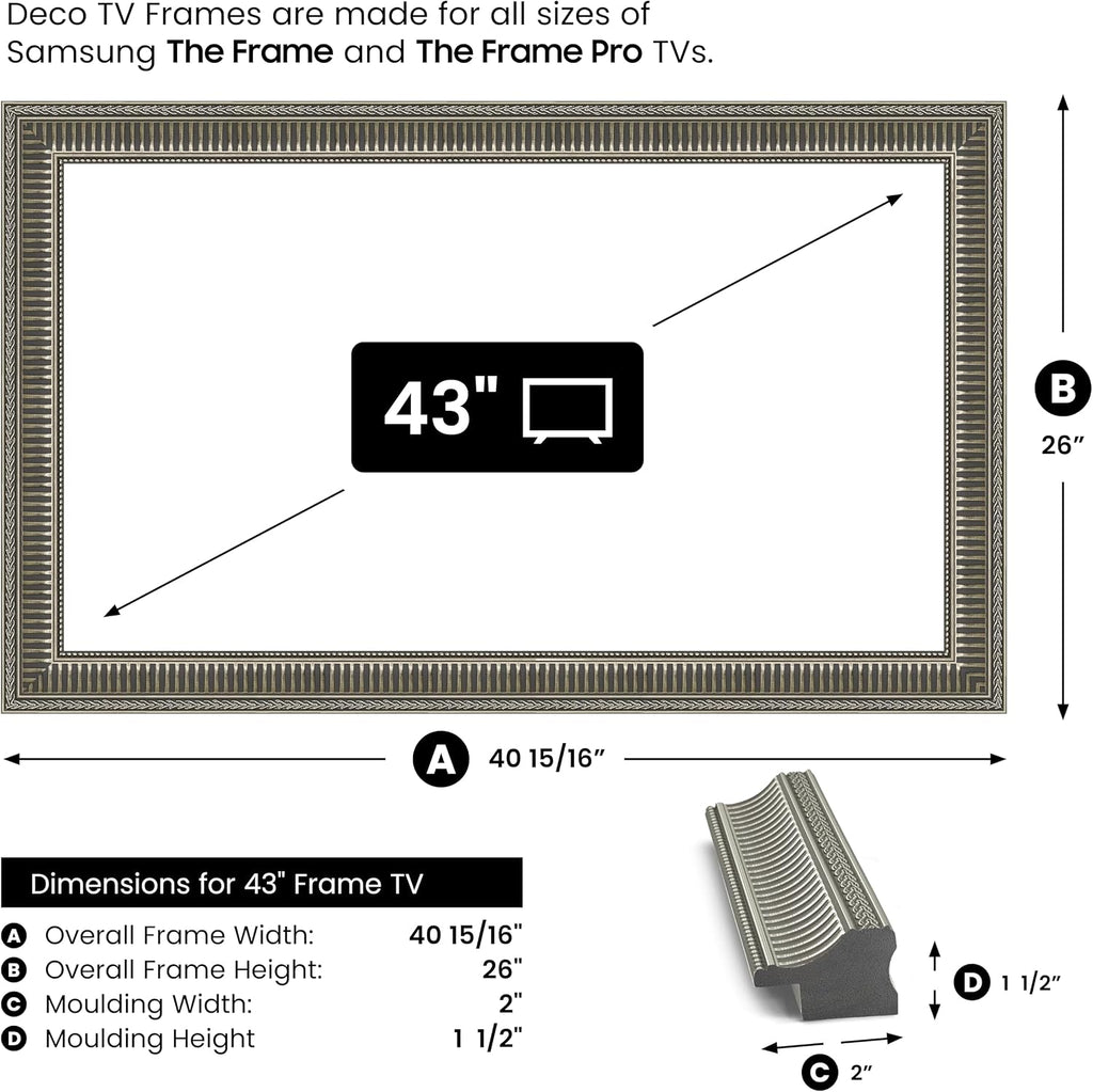 Empire Silver 43' Slim Deco TV Frame - Compatible ONLY with Samsung The Frame TVs (Fits 2021-2026, LS03A, LS03B, LS03C, LS03D, LS03FA)