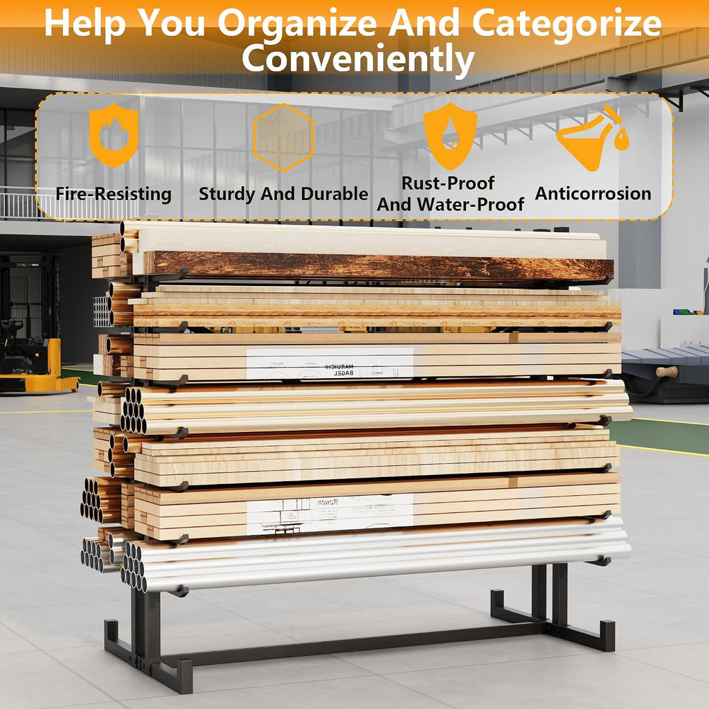 Soywey 7-Tier Steel Horizontal Storage Rack,Detachable Lumber Storage Rack,Load 2000 Lbs Heavy Adjustable Pipe Rack Lumber Organizer Shelf for Garage Workshop Shed Basement Black(No Wheel)