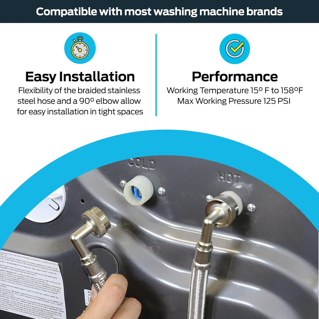 Eastman 5 ft Washing Machine Hose Connectors with Elbows, Pack of 2, 3/4 in FHT x 3/4 in FHT, Braided Stainless Steel, 41065 (Pack of 24)