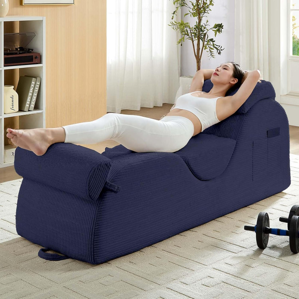 ijuicy 25' Wide Ergonomic Yoga Chair, Stretch Yoga Chaise Lounger with Adjustable Headrest, Waist Cushion, Movable Footrest, Side Pockets, Modern Reading Chair -Blue
