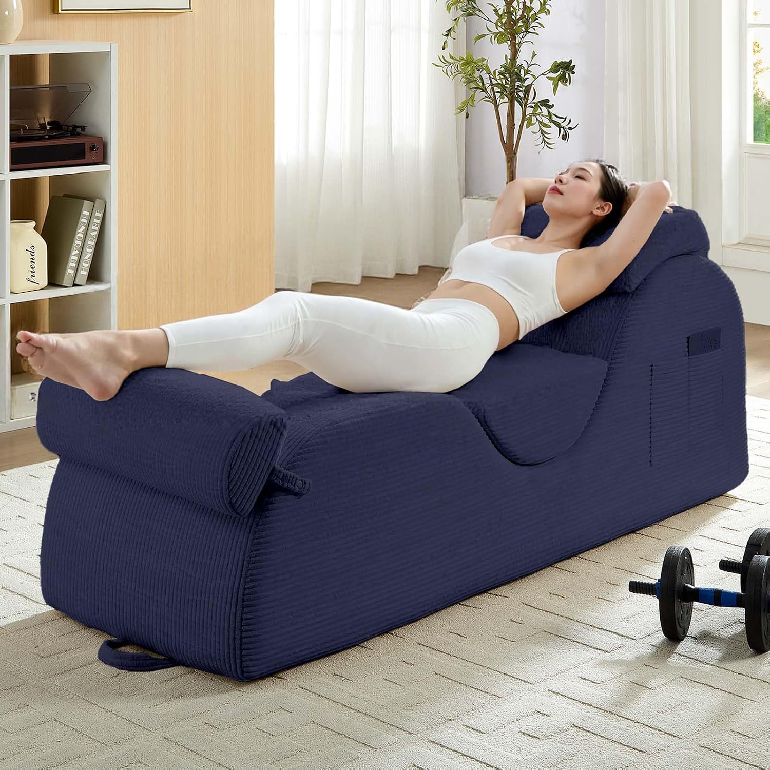 ijuicy 25' Wide Ergonomic Yoga Chair, Stretch Yoga Chaise Lounger with Adjustable Headrest, Waist Cushion, Movable Footrest, Side Pockets, Modern Reading Chair -Blue