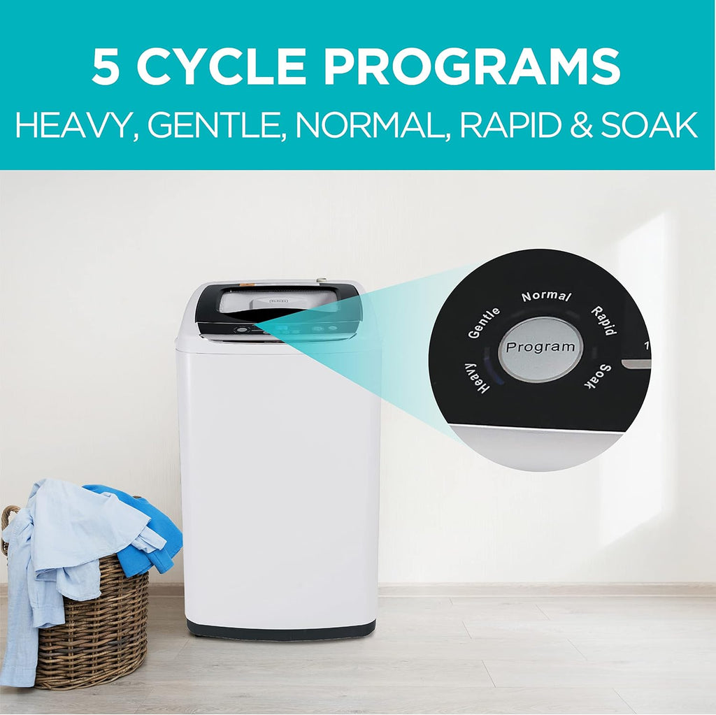 BLACK+DECKER Small Portable Washer, Top Load, 0.9 Cu. Ft., 5 Cycles, Stainless Steel Tub, White, Water Efficient
