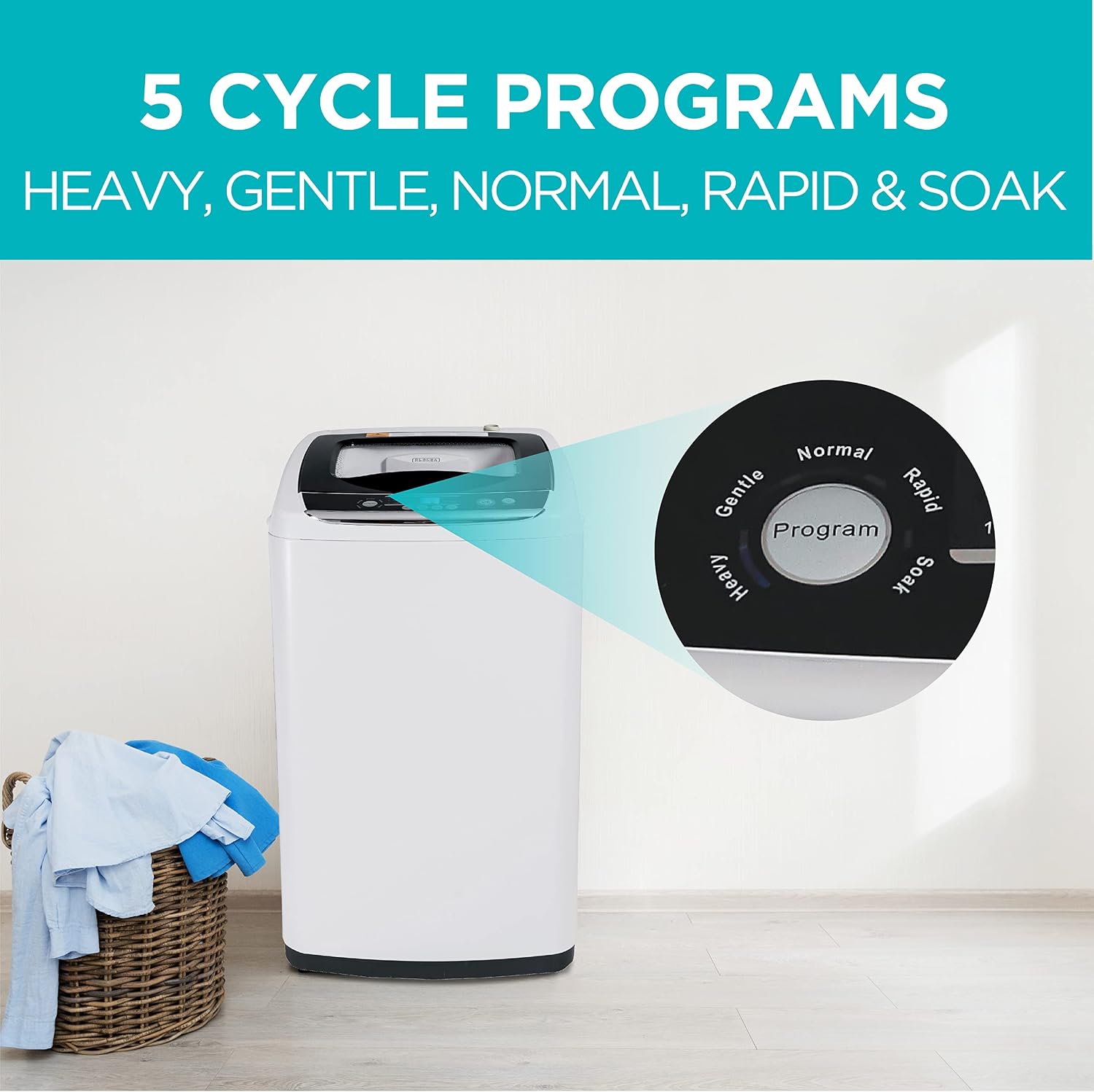 BLACK+DECKER Small Portable Washer, Top Load, 0.9 Cu. Ft., 5 Cycles, Stainless Steel Tub, White, Water Efficient