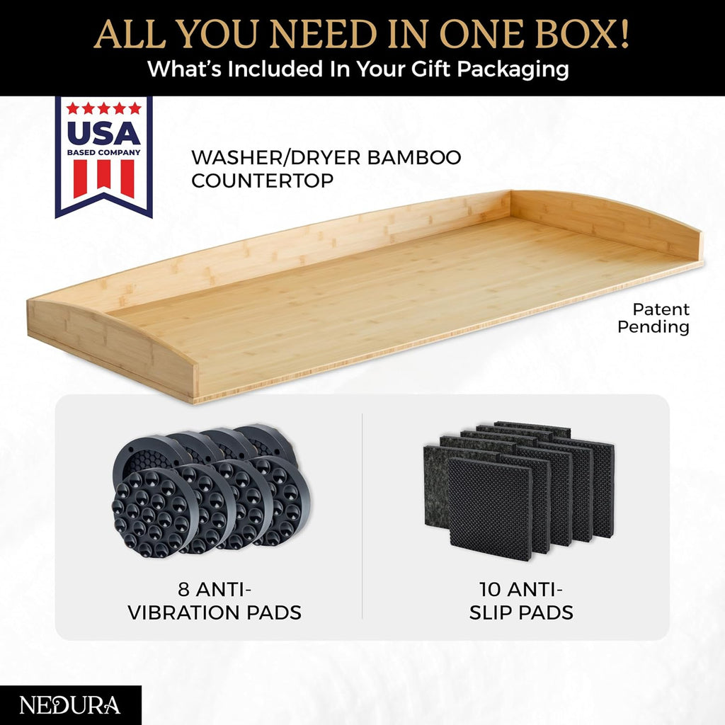 Nedura Washer Dryer Countertop for Washing Machine w/Anti-Vibration Pads&Curved Edge Rails, Bamboo Laundry Countertop, Washer Dryer Topper, Laundry Room Organization, Laundry Room Accessories-Natural