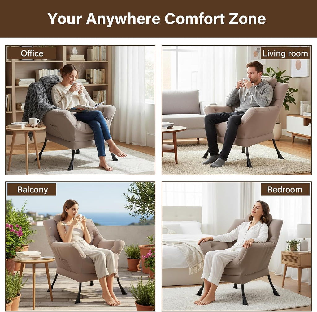Welnow Khaki Single Lazy Chair for Living Room, Modern Reading Accent Chair with Armrests and a Side Pocket, Leisure Lazy Sofa Chair for Small Space, Bedroom, Dorm