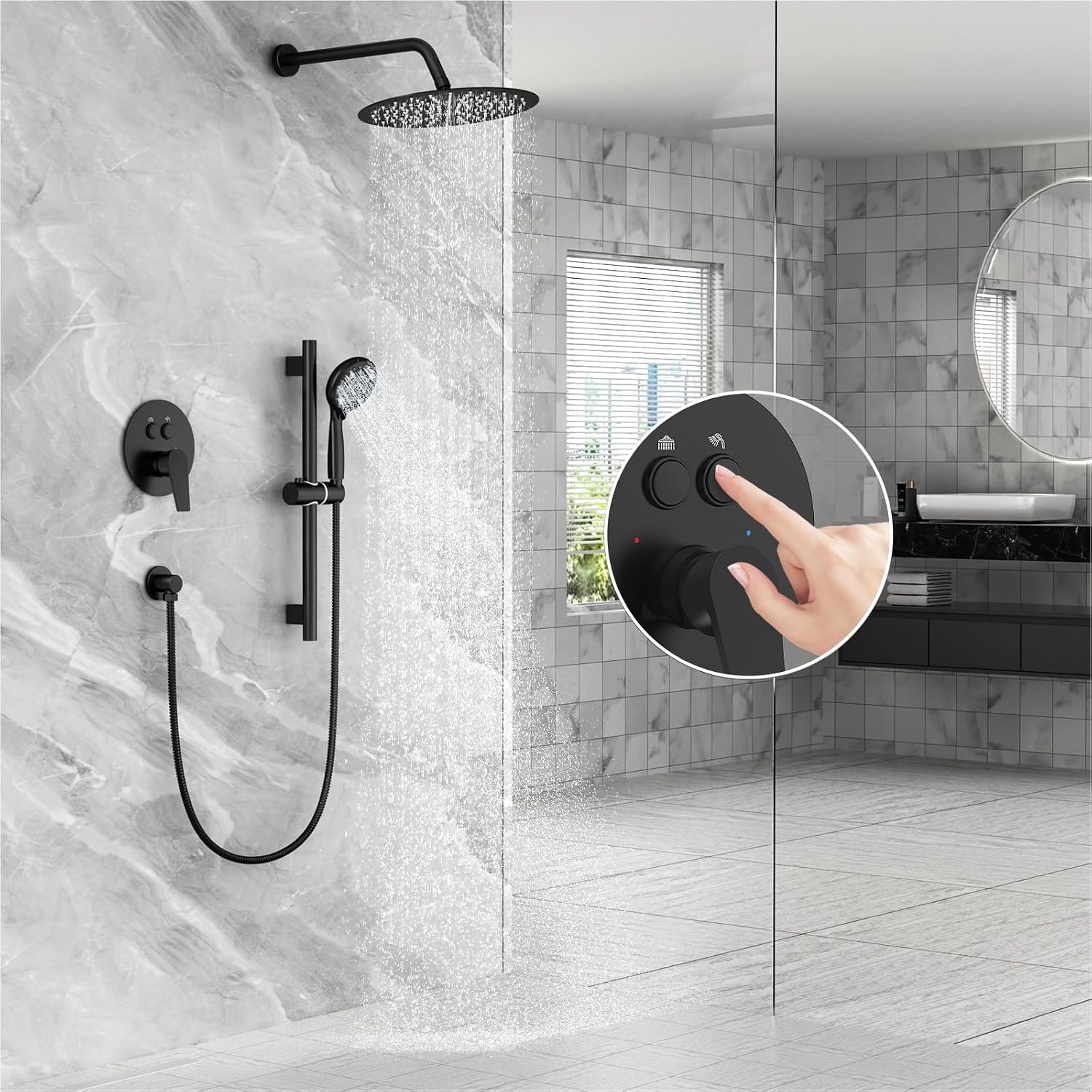 SR SUN RISE Matte Black Shower Faucet Set - 10 Inch Rain Shower Head with Adjustable Slide Bar Combo Set - Wall Mounted Rain Shower System Bathroom (Valve and Trim Kit Included)