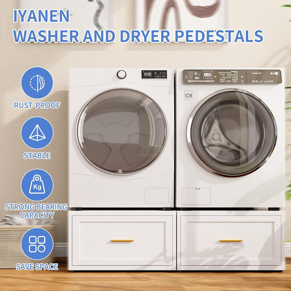 2 Pack Metal Washer and Dryer Pedestals, 28' W Heavy Duty Washer Dryer Pedestal, 16' H Washer Pedestal with Drawer, 440LBS Universal Laundry Pedestal for Washer and Dryer (2 pack-White)