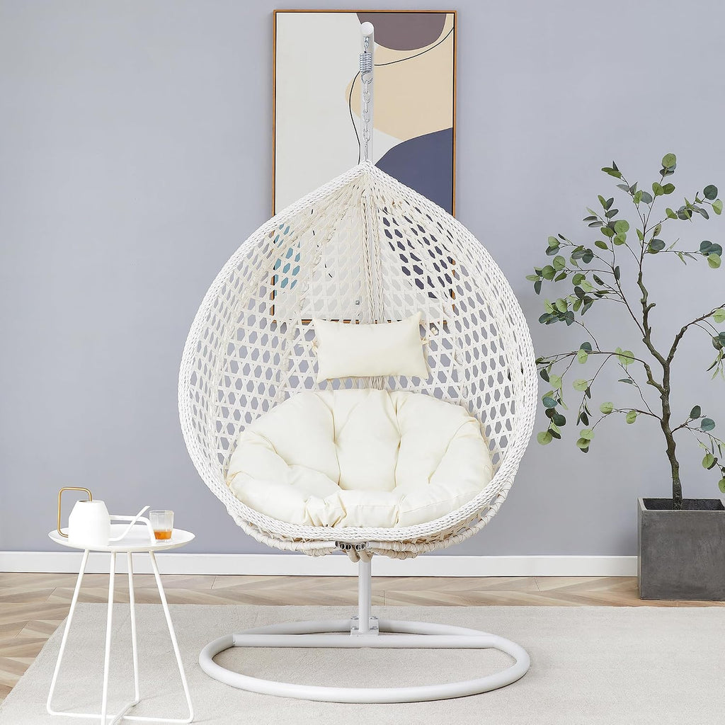 Egg Swing Chair with Stand,White Swing Egg Chair with Stand, Rattan Hanging Egg with Soft Cushion, Outdoor Hanging with Foldable Basket and Metal Stand for Bedroom Patio