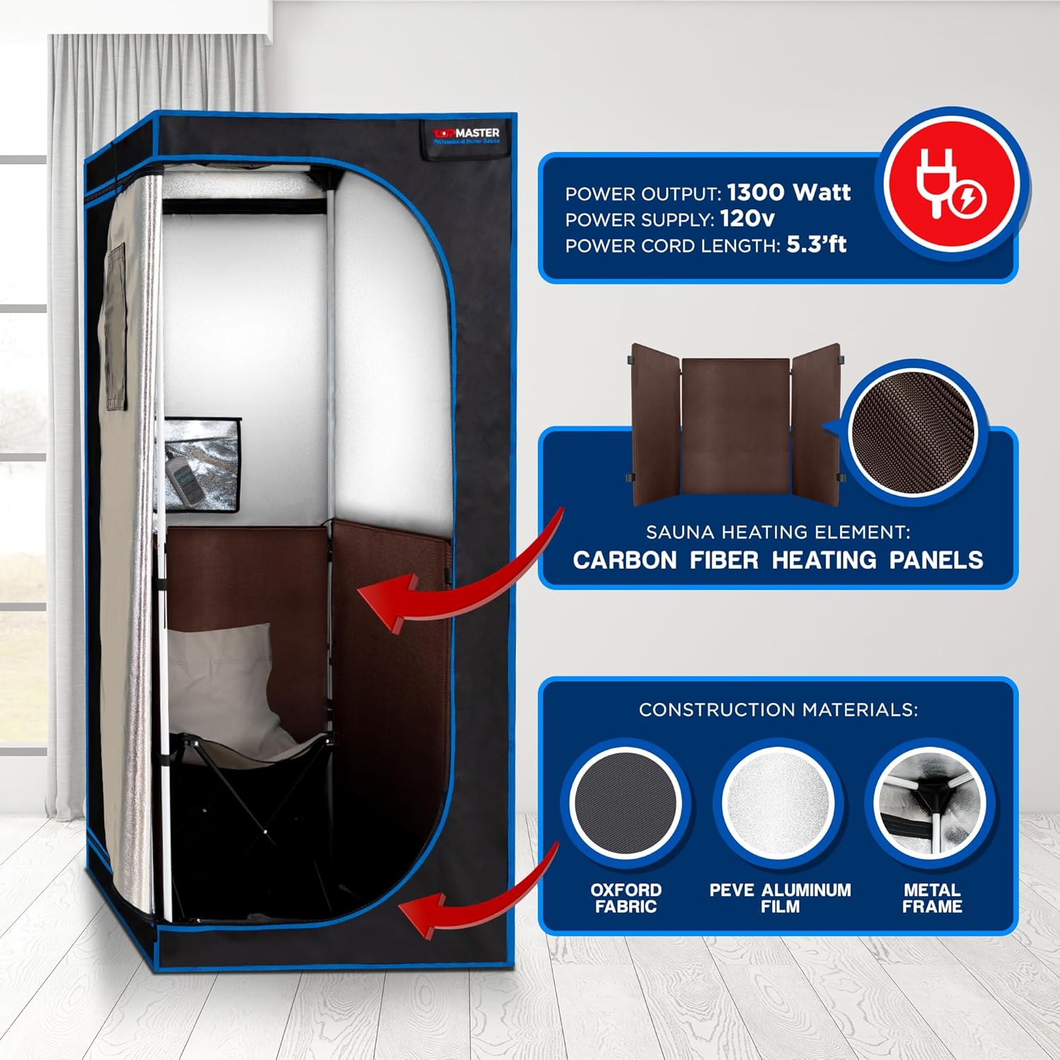 TopMaster Foldable Sauna Infrared, Portable Sauna for Home, Sauna Tent Sauna Box, Indoor Portable Sauna, Zip Up Sauna Room with 1300W Power, Max 140°F Sauna, Black