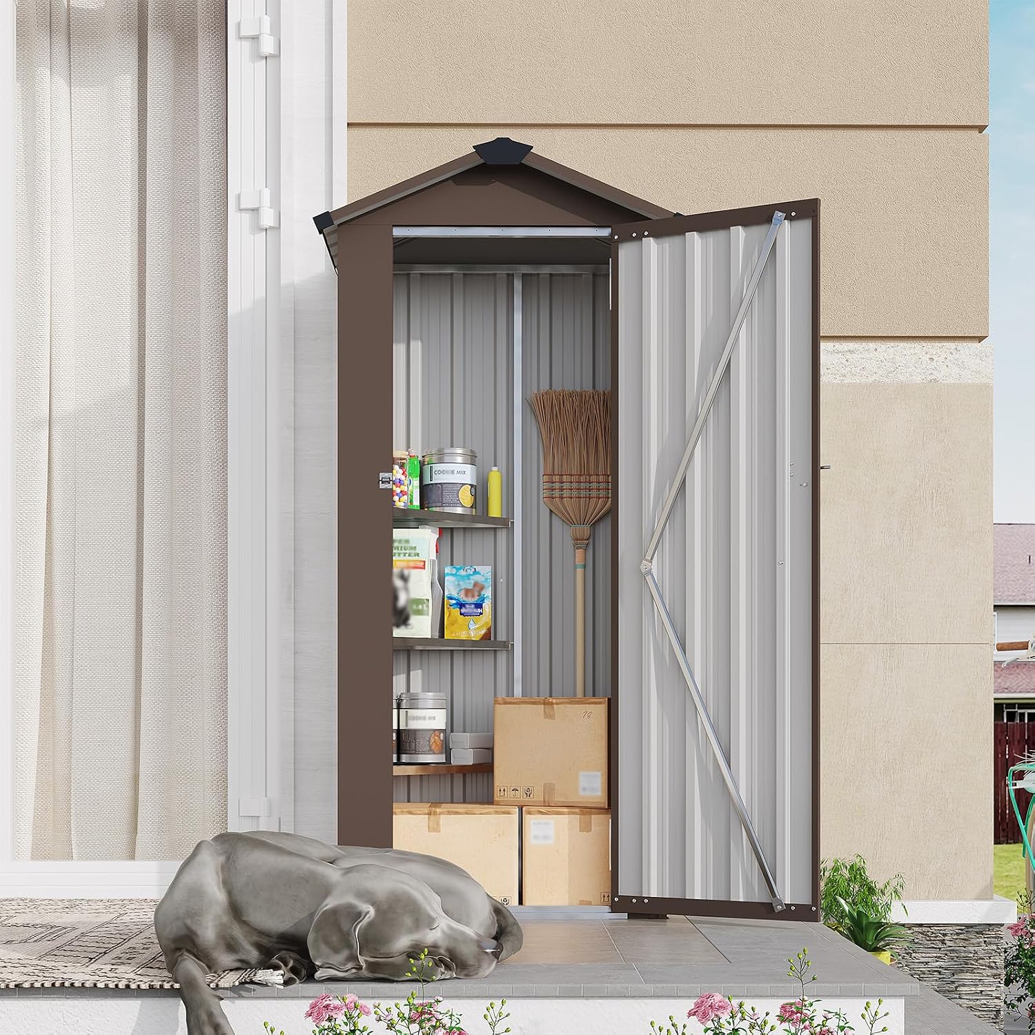 Outdoor Storage Shed, Metal Garden Tool Shed with a Solid Lock System, Outdoor Door Storage Cabinet for Patio, Garage, Poolside, Bikes, and Garden (Brown)