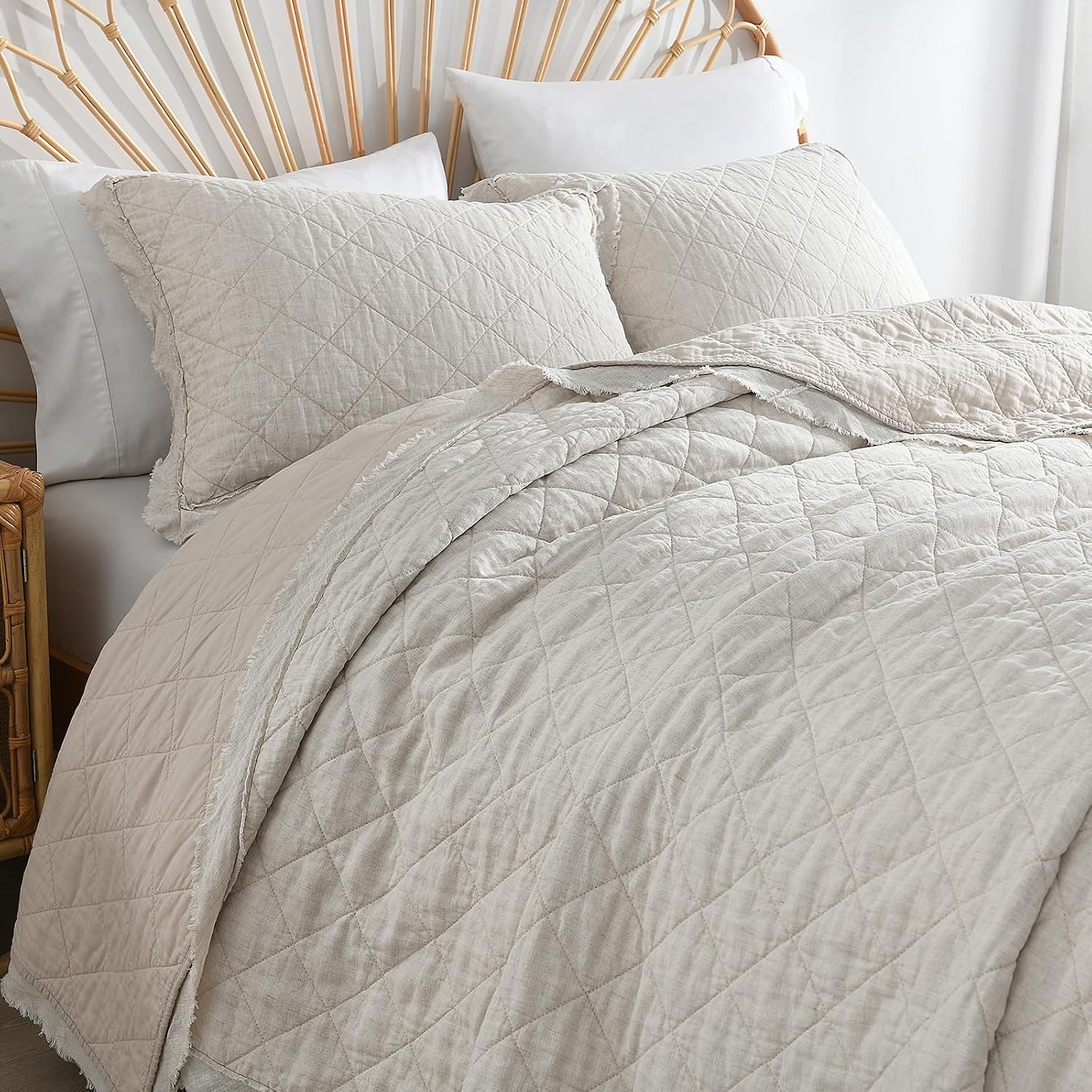 HORIMOTE HOME 100% Linen Front/100% Cotton Back Quilt Set King Size, Beige Pre-Washed European Flax Linen Quilt, Diamond Stitch Bedspread Coverlet Bedding Set 3-Piece for All Seasons
