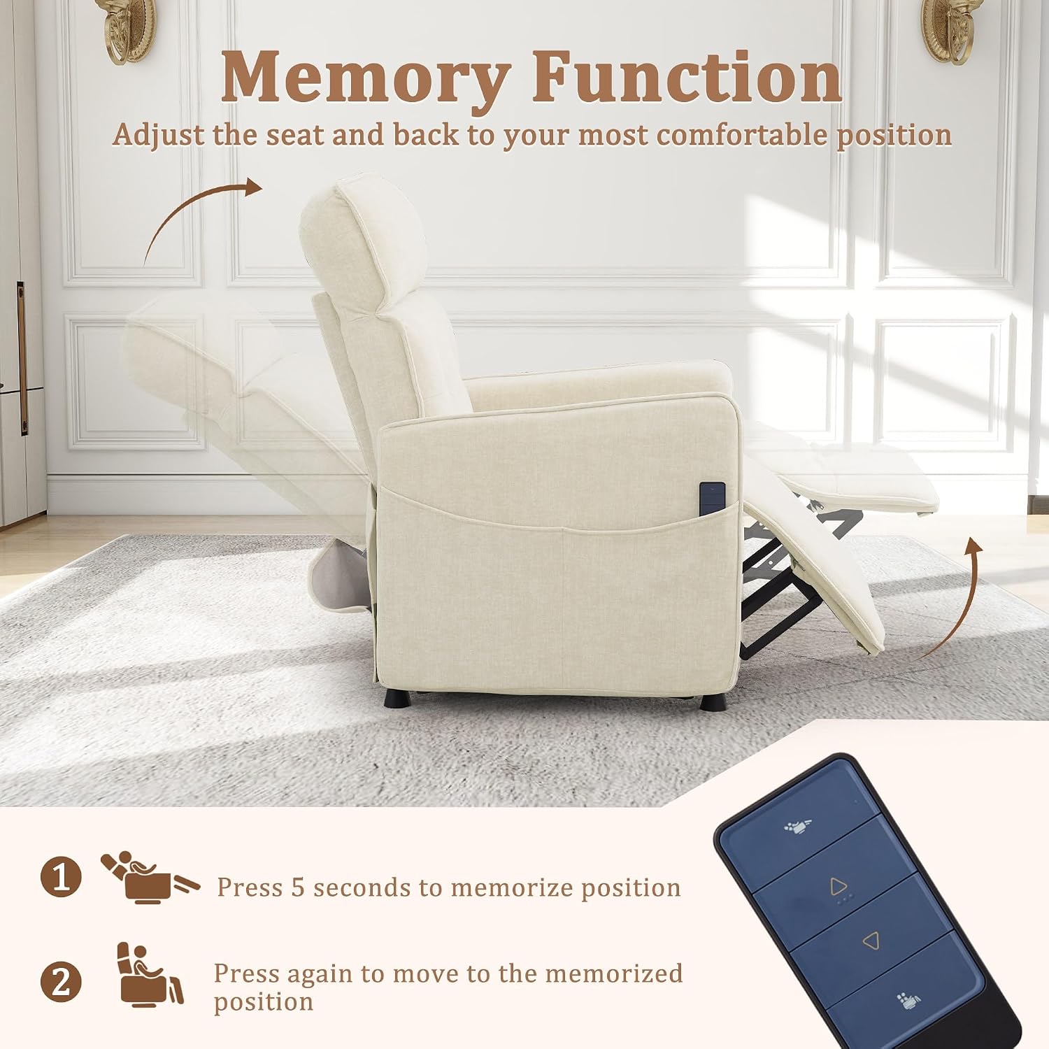 Korser Power Recliner Chair for Adults, Electric Recliner Chairs for Living Room, Comfy Recliners Cashmere Reclining Chair with One-Touch Adjustment & Side Pockets for Reading, Bedroom, Lounge, Beige