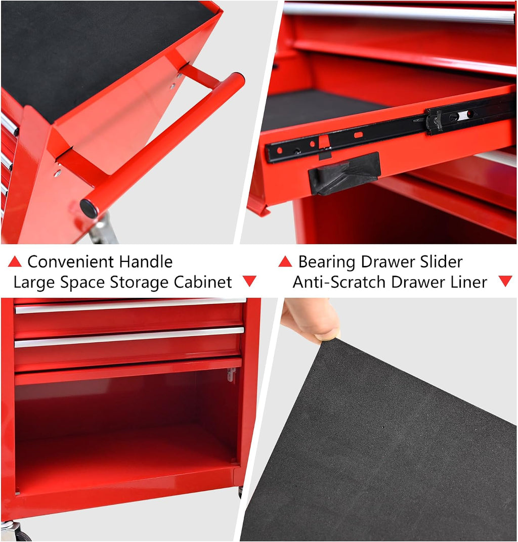 4-Drawer Tool Cart on Wheels, Drawers Rolling Tool Chest with 1 Cabinet, Mobile Trolley Organizer Tools Box with Locking Wheels & Ball Bearing Drawers for Garage,Warehouse,Repair Shop (Red)