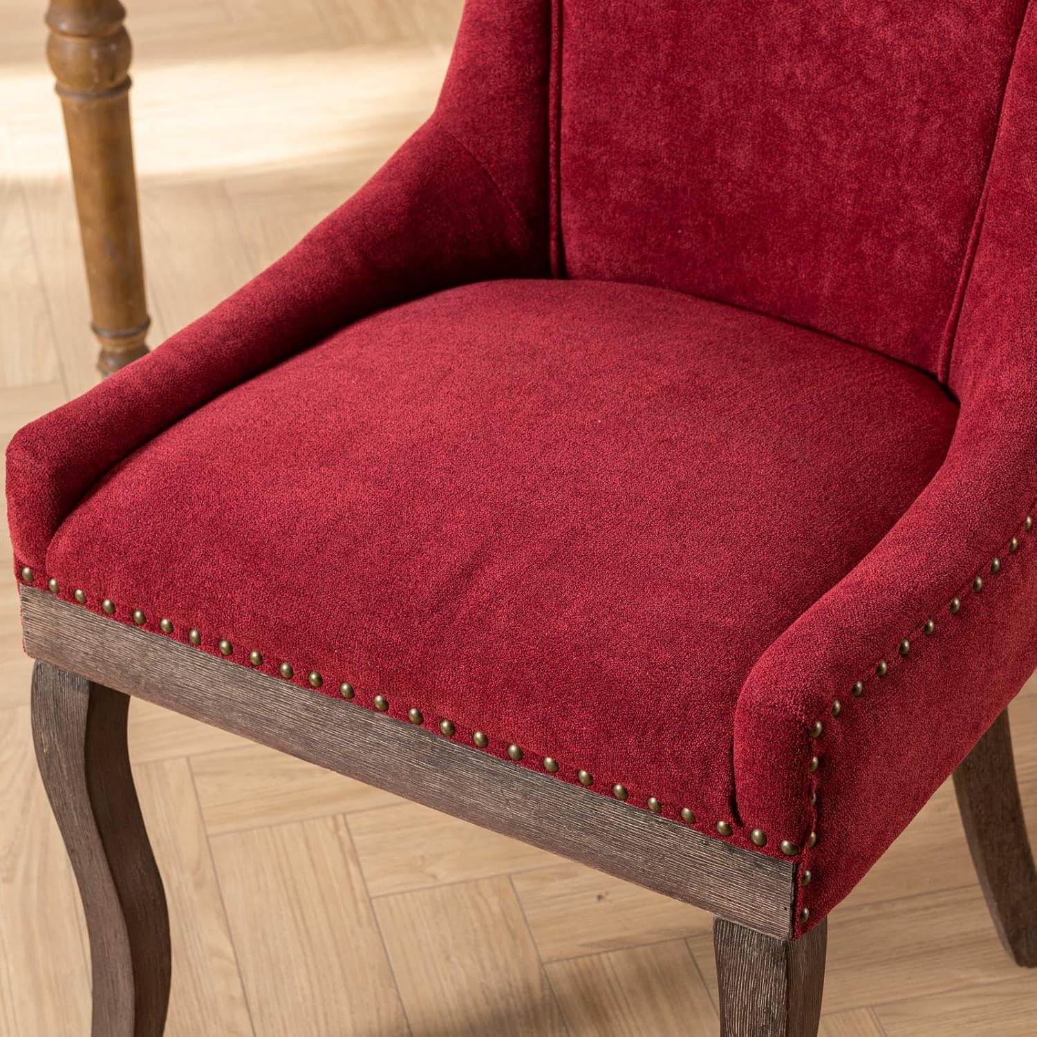 Ball & Cast Mid-Century Upholstered Dining Chairs Set of 2, Thickened Fabric Wing Back Kitchen Side-Chairs with Bronze Nail Head & Toned Solid Wood Legs, 2-Piece Traditional Chair, Wine Red