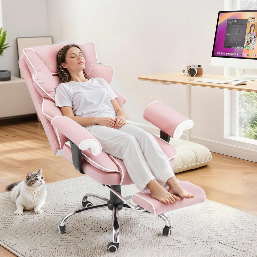HOMREST Pink Ergonomic Office Chair with 6-Point Vibration Massage & Heat – Reclining Executive Chair with Adjustable Footrest and Armrests, PU Leather Big and Tall Home Office Desk Chair