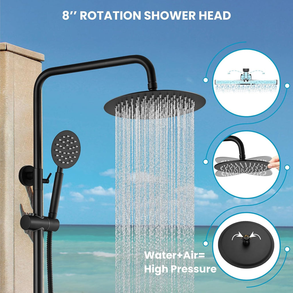 gotonovo SUS304 Outdoor Shower Fixture High Pressure Shower System Combo Wall Mount 2 Dual Function Shower Faucet Set Round Handheld Spray Matte Black Double Cross Handle