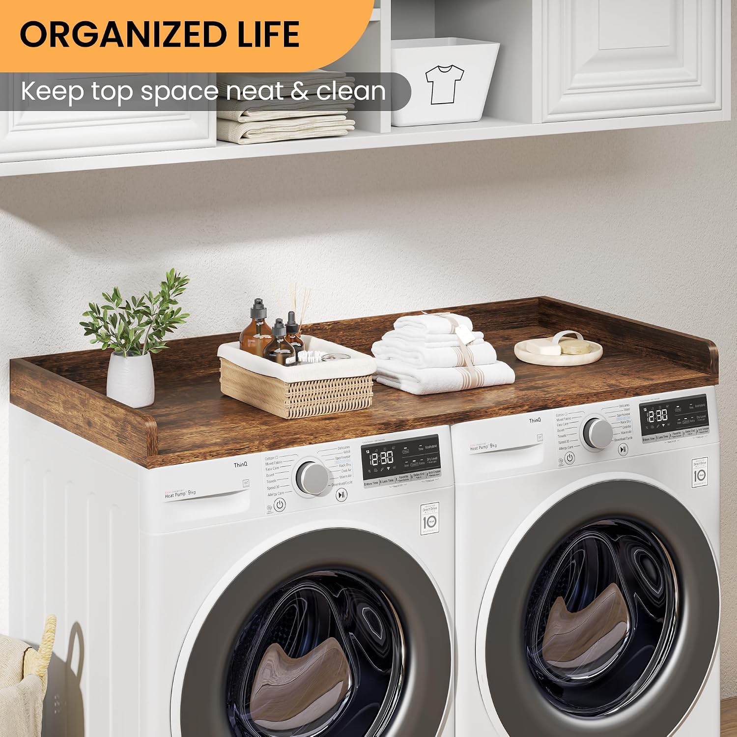 Washer Dryer Countertop, 27.5'x54' Wood Washer and Dryer Countertop with 2.95' Edge Rails, Laundry Machine Topper with Rounded Corner for Laundry Room Organization and Storage, Brown