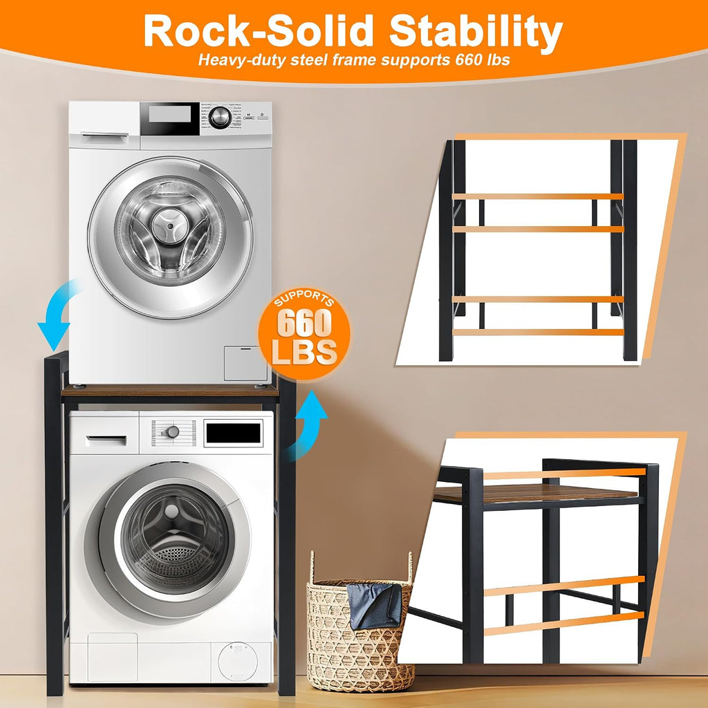 Washer Dryer Stacking Rack, 660lbs Capacity Heavy Duty Washer and Dryer Stacking Stand, 3 Adjustable Height Washing Machine Shelf for Compact Apartment, Laundry Rooms, Bathrooms and RV ((Black)