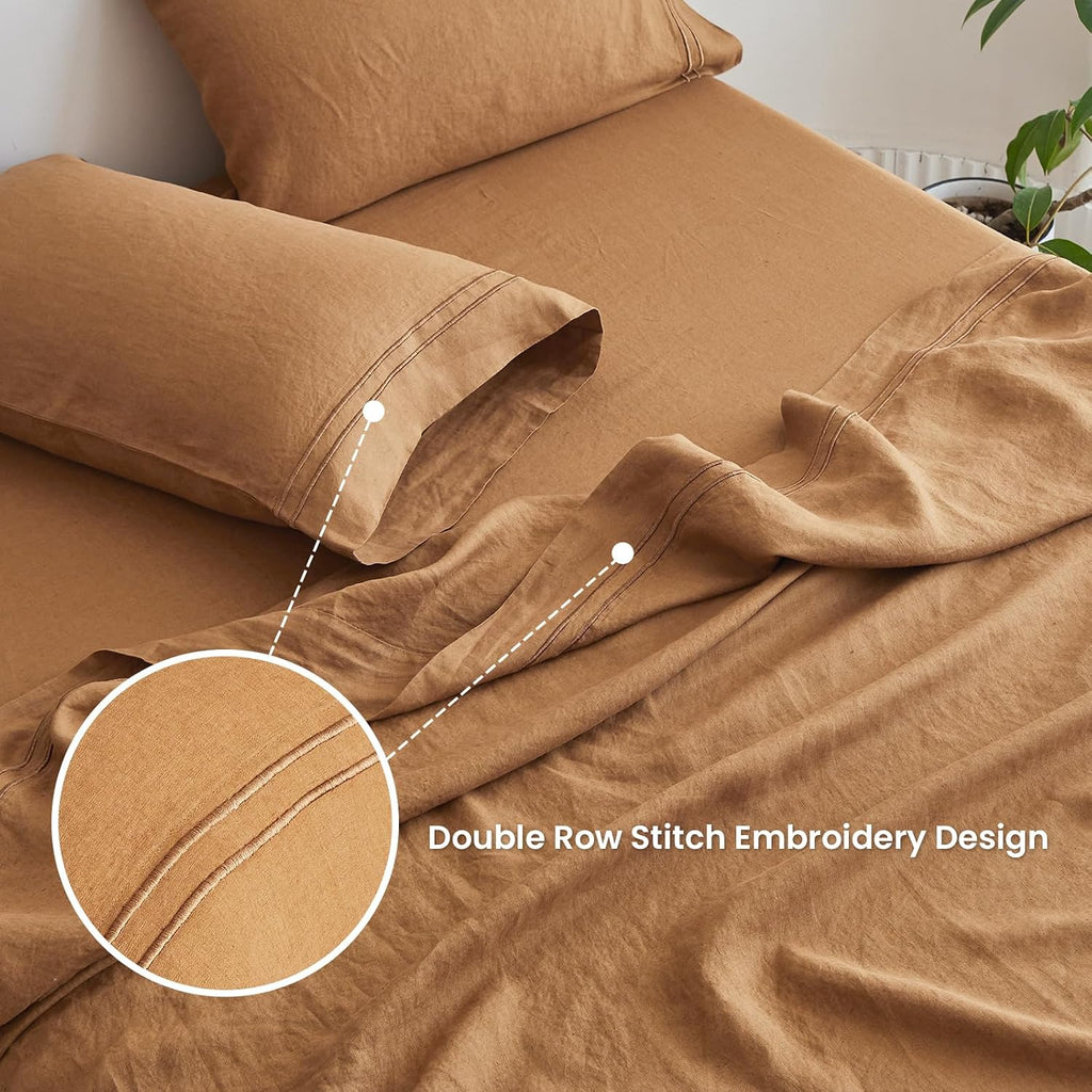 Simple&Opulence 100% Linen Sheet Set 4 Pieces Natural France Flax Bed Sheet (1 Flat Sheet, 1 Fitted Sheet, 2 Pillowcases) Breathable Luxury Hotel Bedding - Embroidery Rust, Queen Size