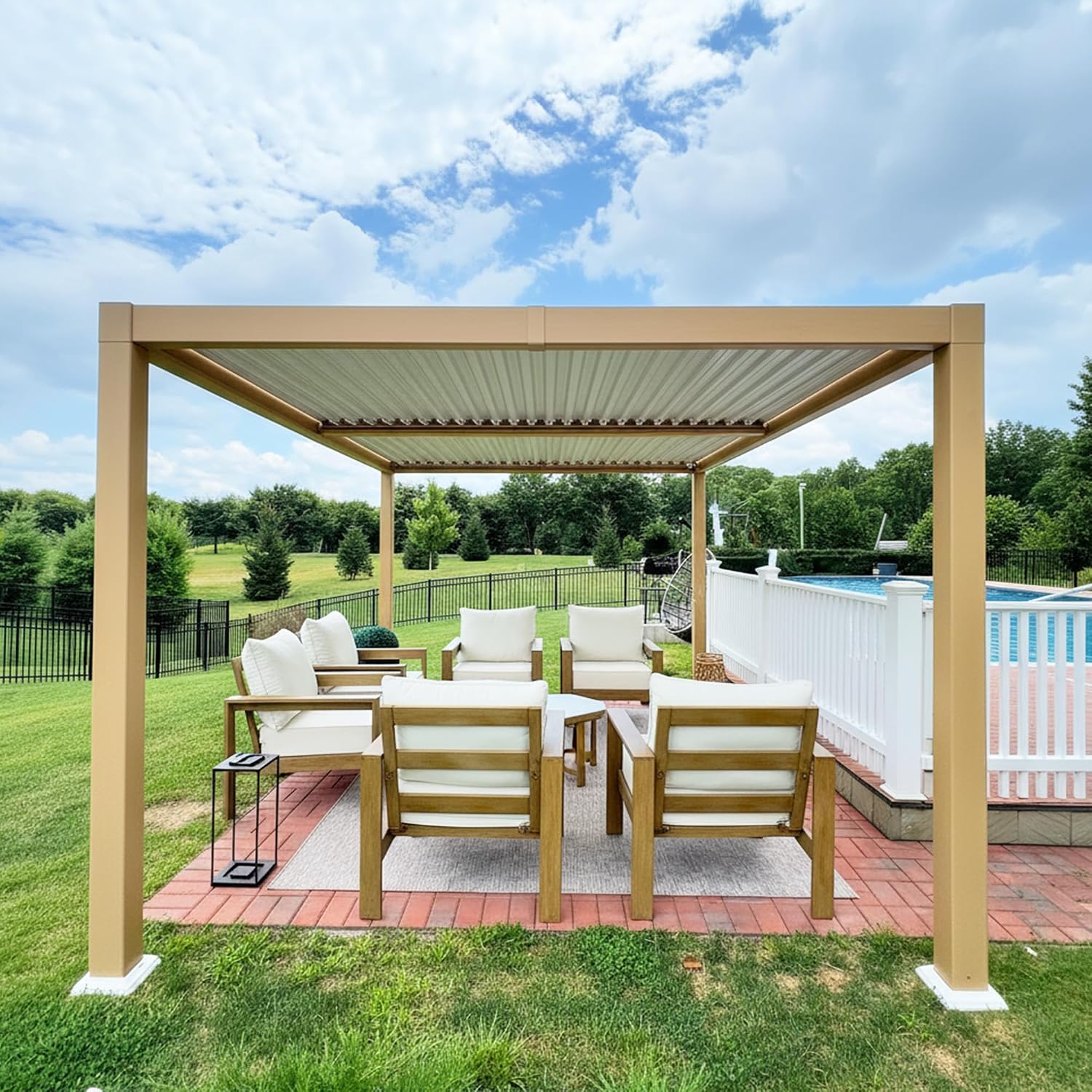 PURPLE LEAF Louvered Pergola 10' x 14' Outdoor Aluminum Wood Grain Pergola with 24 Clear LED Lights Adjustable Roof Retractable Patio Rainproof Hardtop Gazebo for Deck Backyard Garden