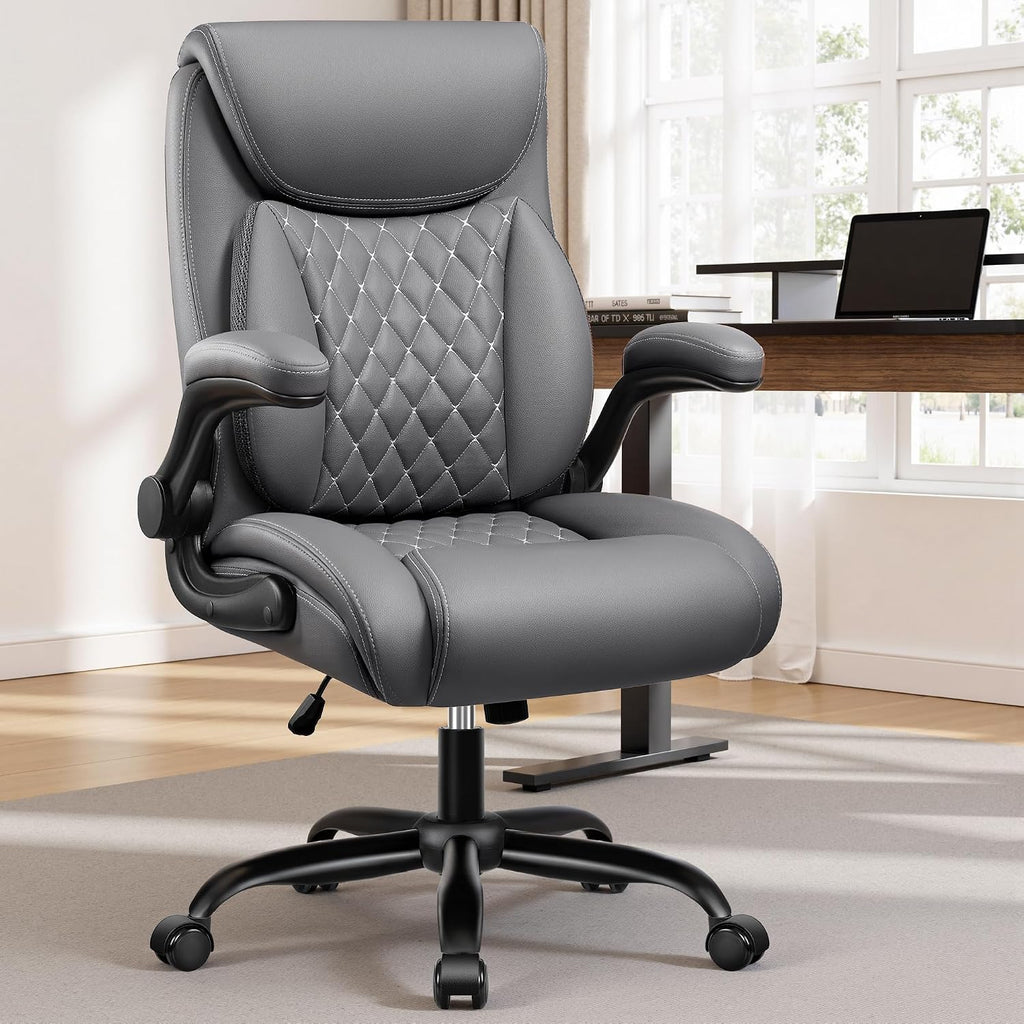 BESTFAIR Office Chair, Ergonomic Computer Desk Chairs with Lumbar Support for Lower Back Pain Relief, Executive Leather Home Chair Comfy with Padded Flip-up Armrests, Gray, 4-Pack