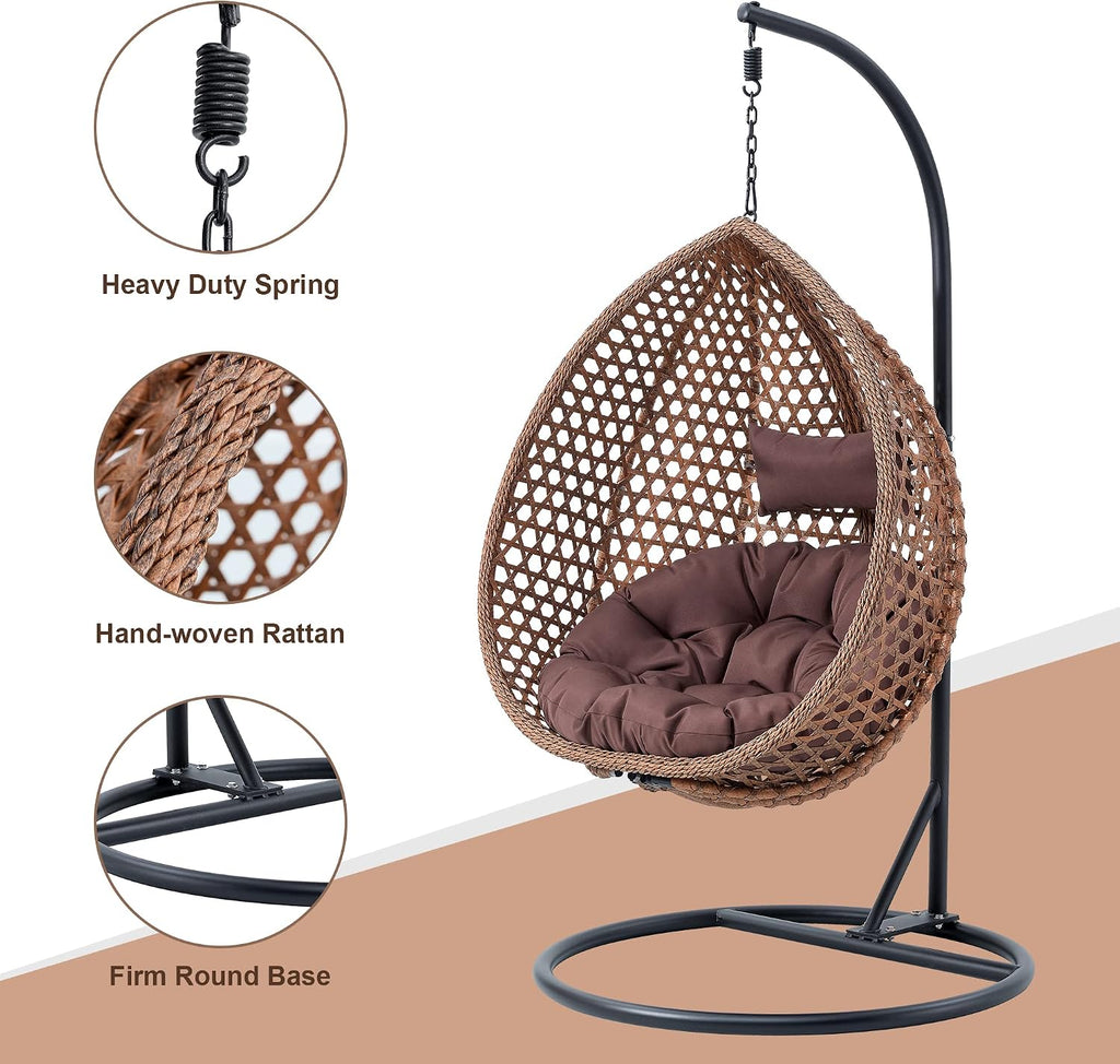 Egg Swing Chair with Stand,Brown Swing Egg Chair with Stand, Rattan Hanging Egg Chairs with Soft Cushion, Outdoor Hanging Chair with Foldable Basket & Metal Stand for Bedroom Patio (Brown)