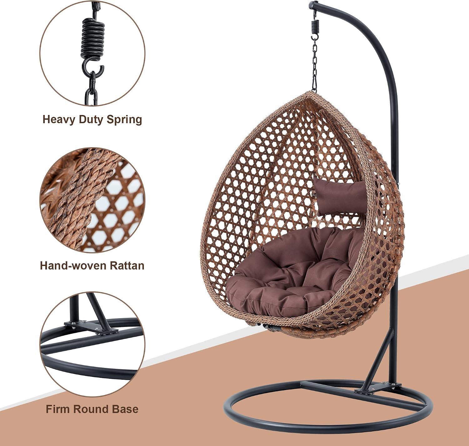 Egg Swing Chair with Stand,Brown Swing Egg Chair with Stand, Rattan Hanging Egg Chairs with Soft Cushion, Outdoor Hanging Chair with Foldable Basket & Metal Stand for Bedroom Patio (Brown)