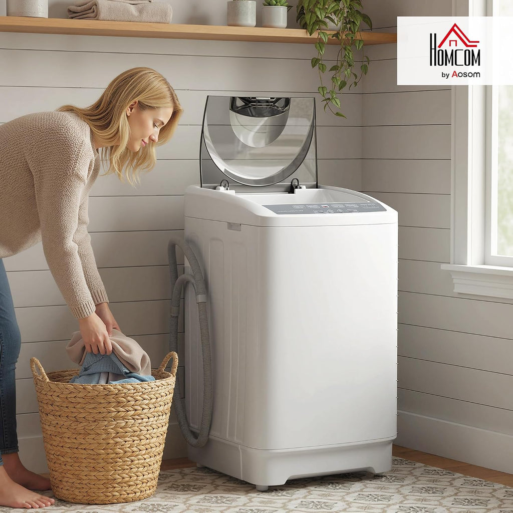 HOMCOM Portable Washing Machine, 1.3 Cu. Ft. Compact Washer with 8 Programs, 6 Water Levels, LED Display, Child Lock, Drain Pump, 9.9lb Full Automatic Washing Machine for Apartments, Dorms, RVs, White