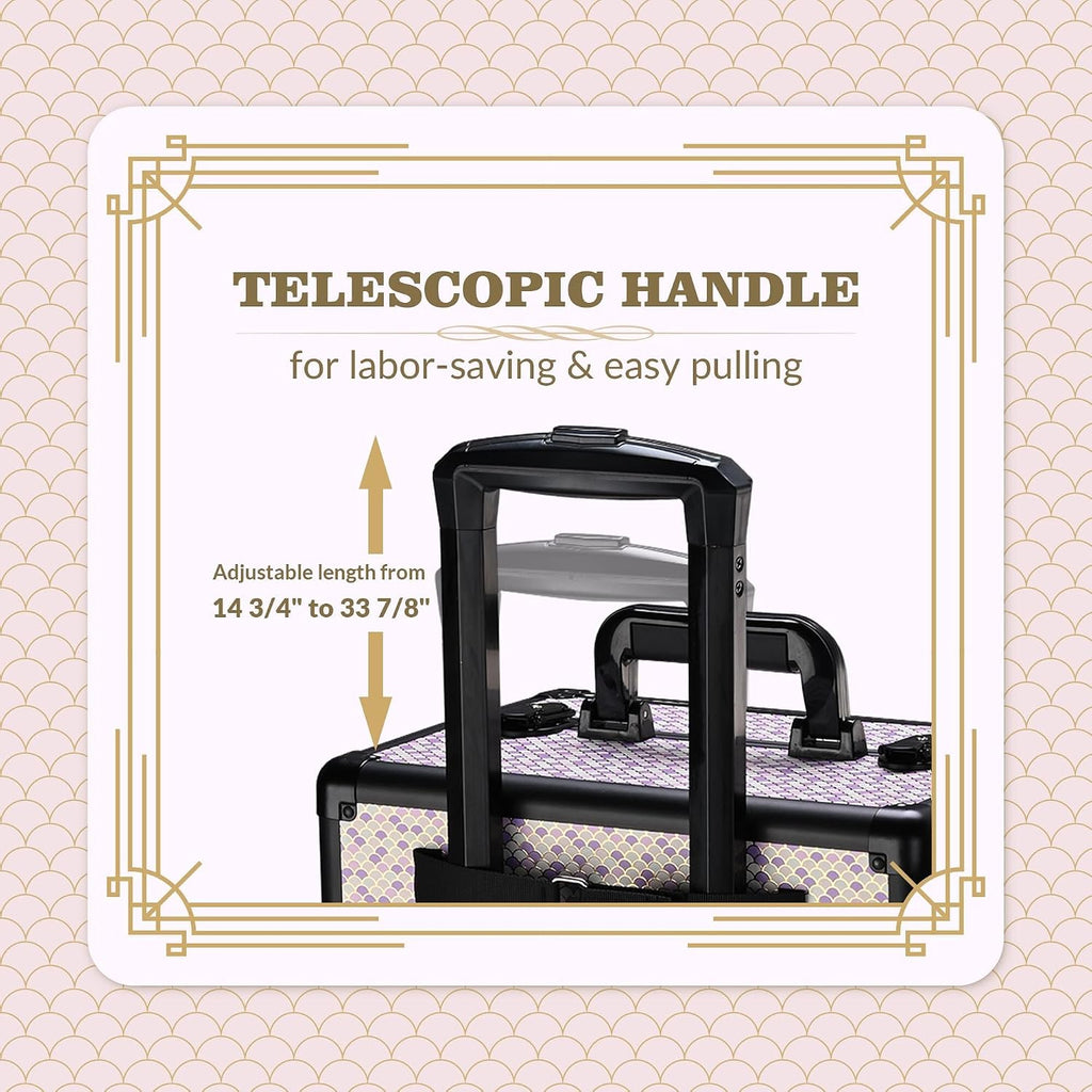 BYOOTIQUE 4in1 Rolling Makeup Case Cosmetology Case on Wheels,Large Capacity Easy Access Cosmetic Organizer Travel Case for Makeup Artist Hairstylist,Art Deco Tyrian