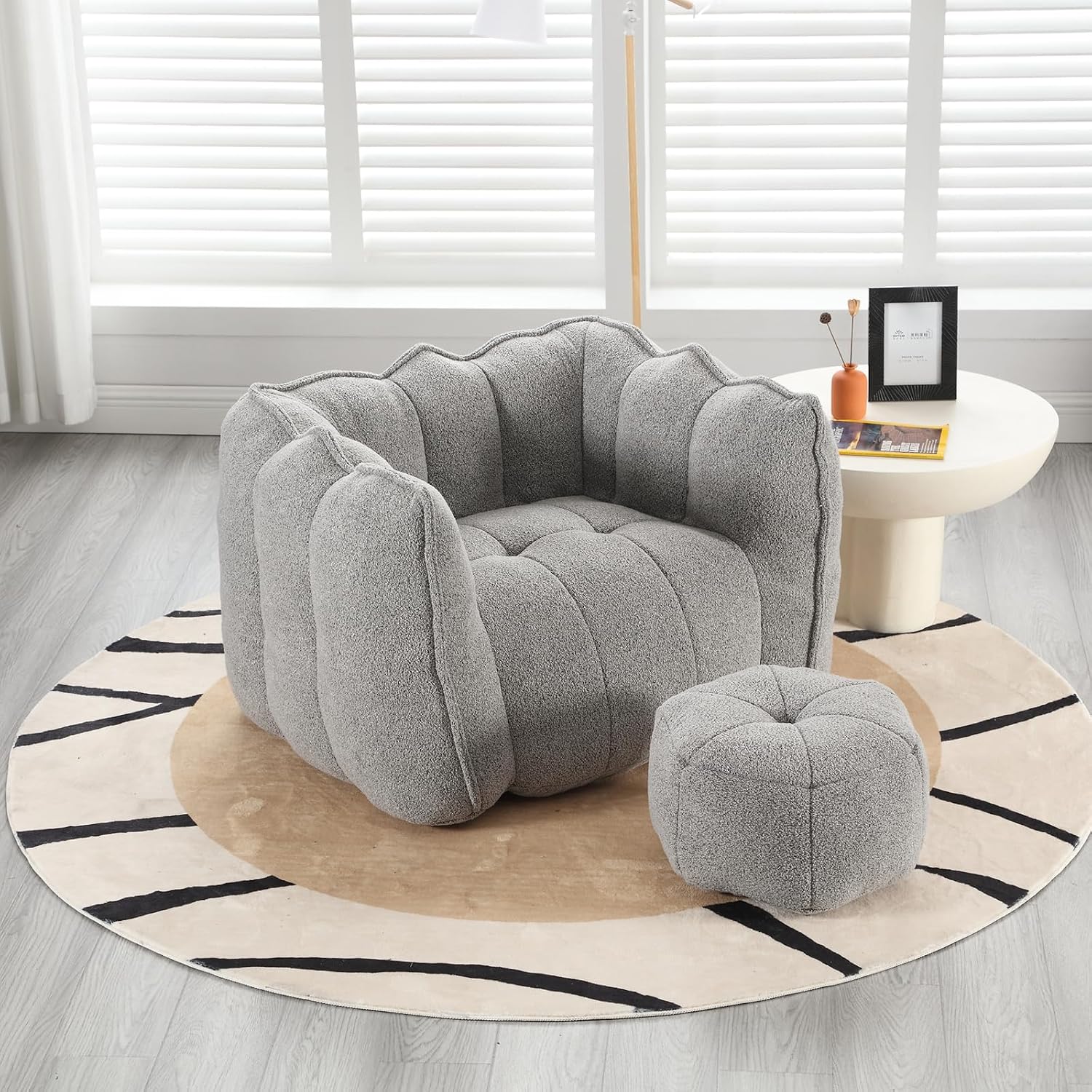 Giant Bean Bag Chair with Ottoman, Oversized Beanbag Chair for Adults, Comfy Floor Sofa Chair with Foam Filler, Pumpkin Lazy Lounger for Living Room, Game Room, Reading Corner, Chenille Grey