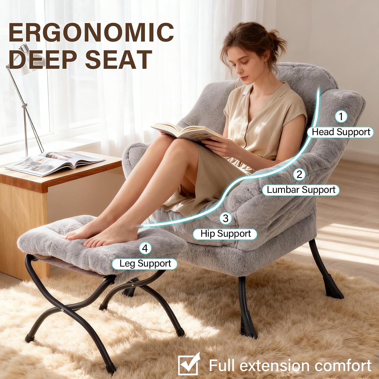 Welnow Lazy Chair with Ottoman, Modern Accent Chair with Armrests and a Side Pocket, Leisure Sofa Armchair, Reading Armchair with Footrest for Small Space, Plush Grey
