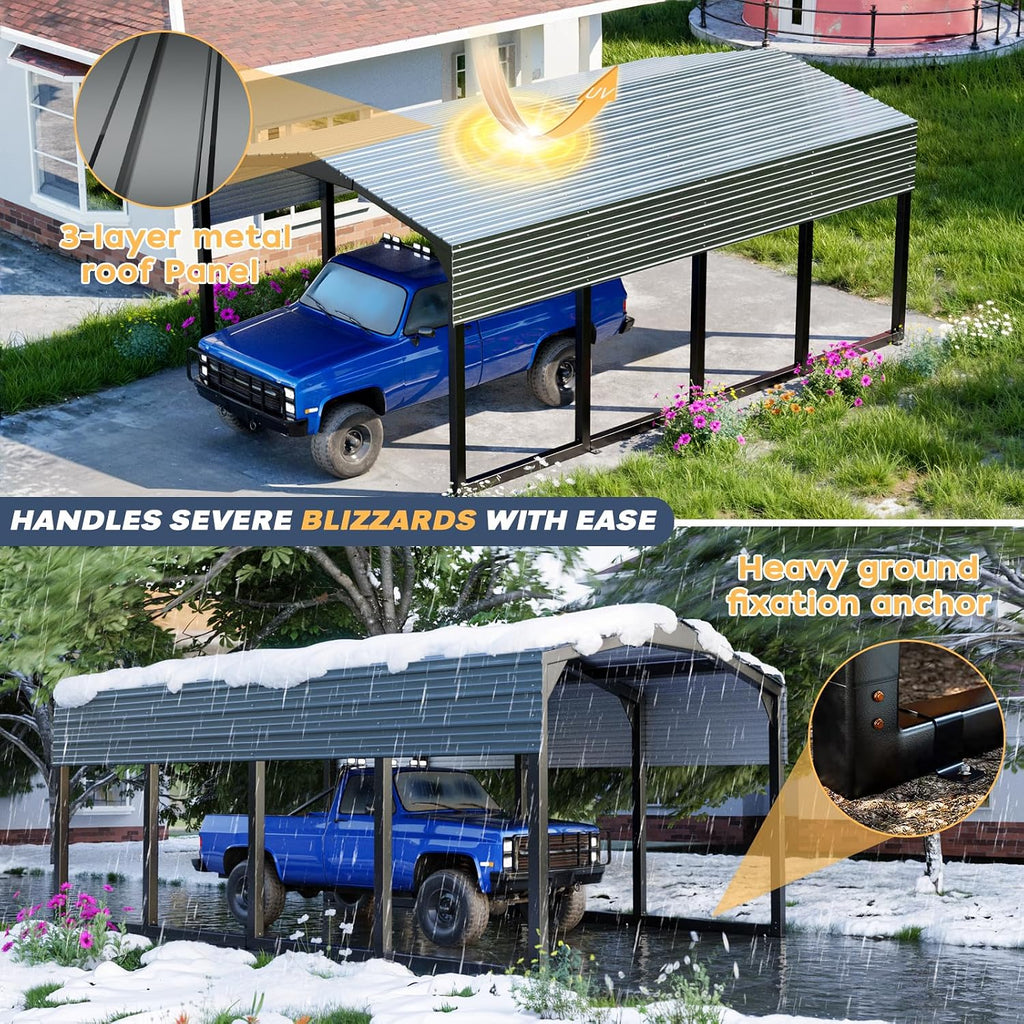 Metal Carport 12x20ft Heavy-Duty | Military-Grade Reinforced Garage Kits with Steel Roof & Hurricane | 100lbs/Sq.Ft Snow/RV/Camper/Truck/Tractor Shelter