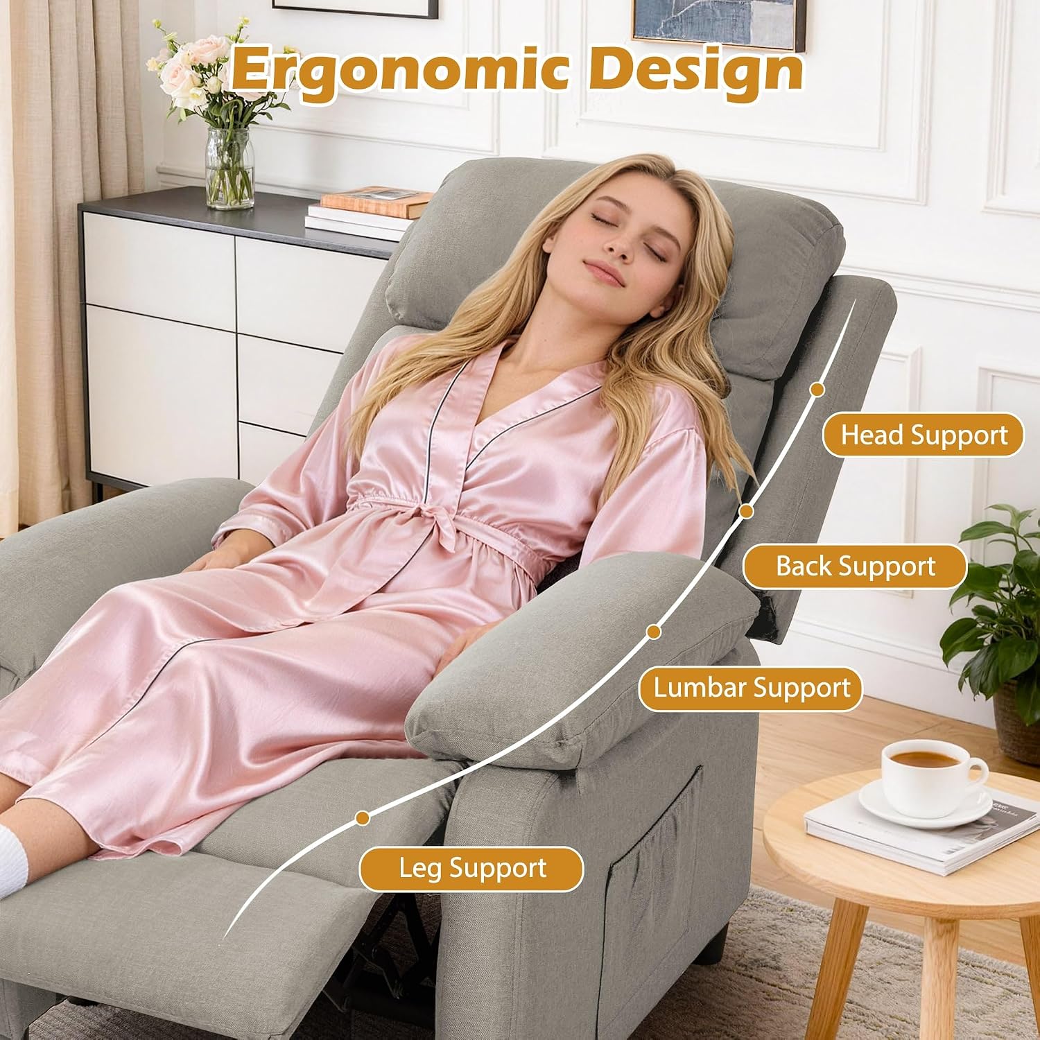 Korser Recliner Chair, Living Room Chairs for Adults, Padded Deep Seat Reading Chair with Side Pockets, Small Recliners for Small Spaces, Lounge Chair for Living Room, Bedroom, and RV (Linen)