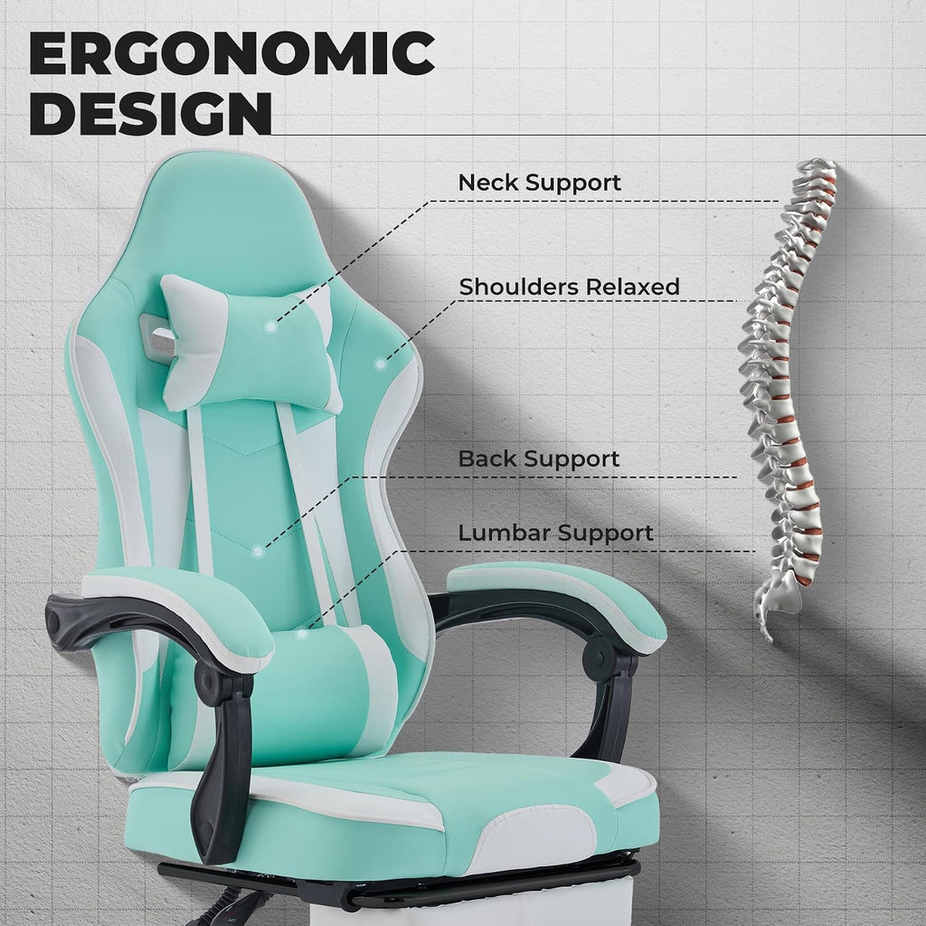 Gaming Chair with Massage and Footrest, Ergonomic High Back PC Racing Chair, 300LBS Capacity with Adjustable Lumbar Support & Headrest for Office and Desk (Model E, Green+White)
