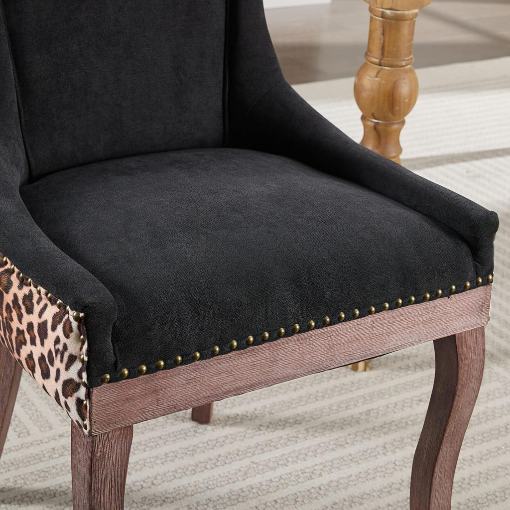 Ball & Cast Mid-century Upholstered Dining Chairs Set of 2, Thickened Fabric Wing Back Kitchen Side-Chairs with Bronze Nail Head & Toned Solid Wood Legs, Two Tone Traditional Chair,Black+Leopard Print