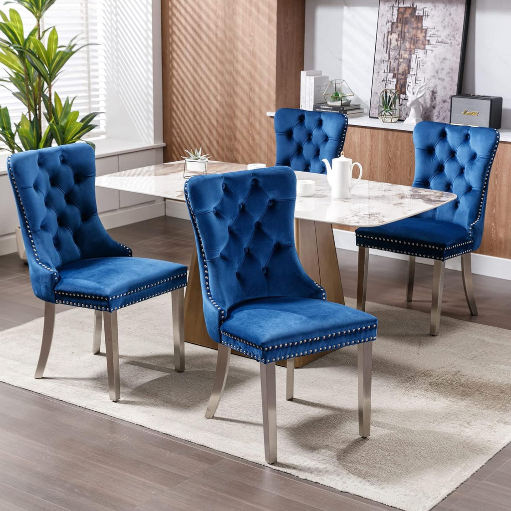 Ball & Cast Contemporary Upholstered Dining Chairs Set of 2, Velvet Button Tufted Kitchen Side-Chairs with Hang Ring & Nailhead Trims & Chrome Solid Wood Legs, 2-Piece Traditional Chair, Chrome+Blue