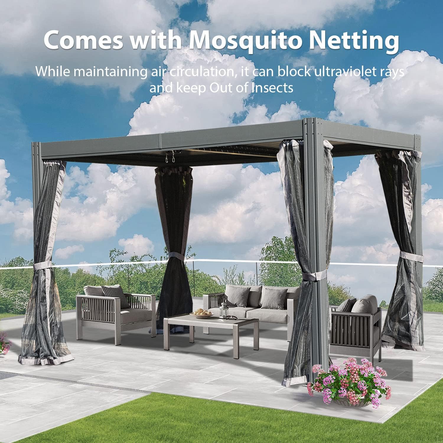 Domi Outdoor Pergola 10' x 13' Aluminum Louvered Pergola with Adjustable Roof and Mosquito Netting for Patio, Backyard, Deck, Garden, Lawns (Gray)